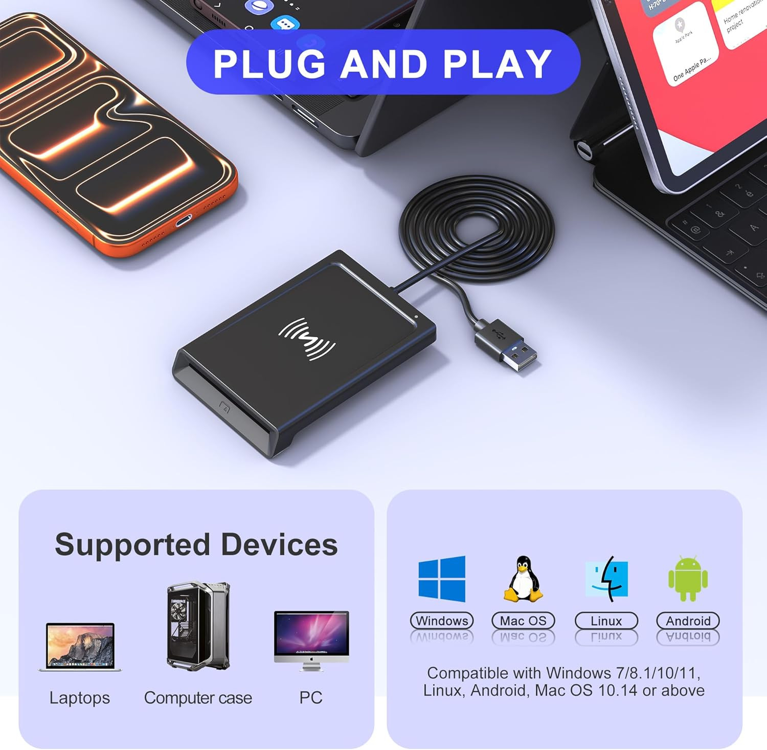 NFC Reader & CAC Reader Military 2-In-1 Smart Card Reader with NFC Support Ic/Id