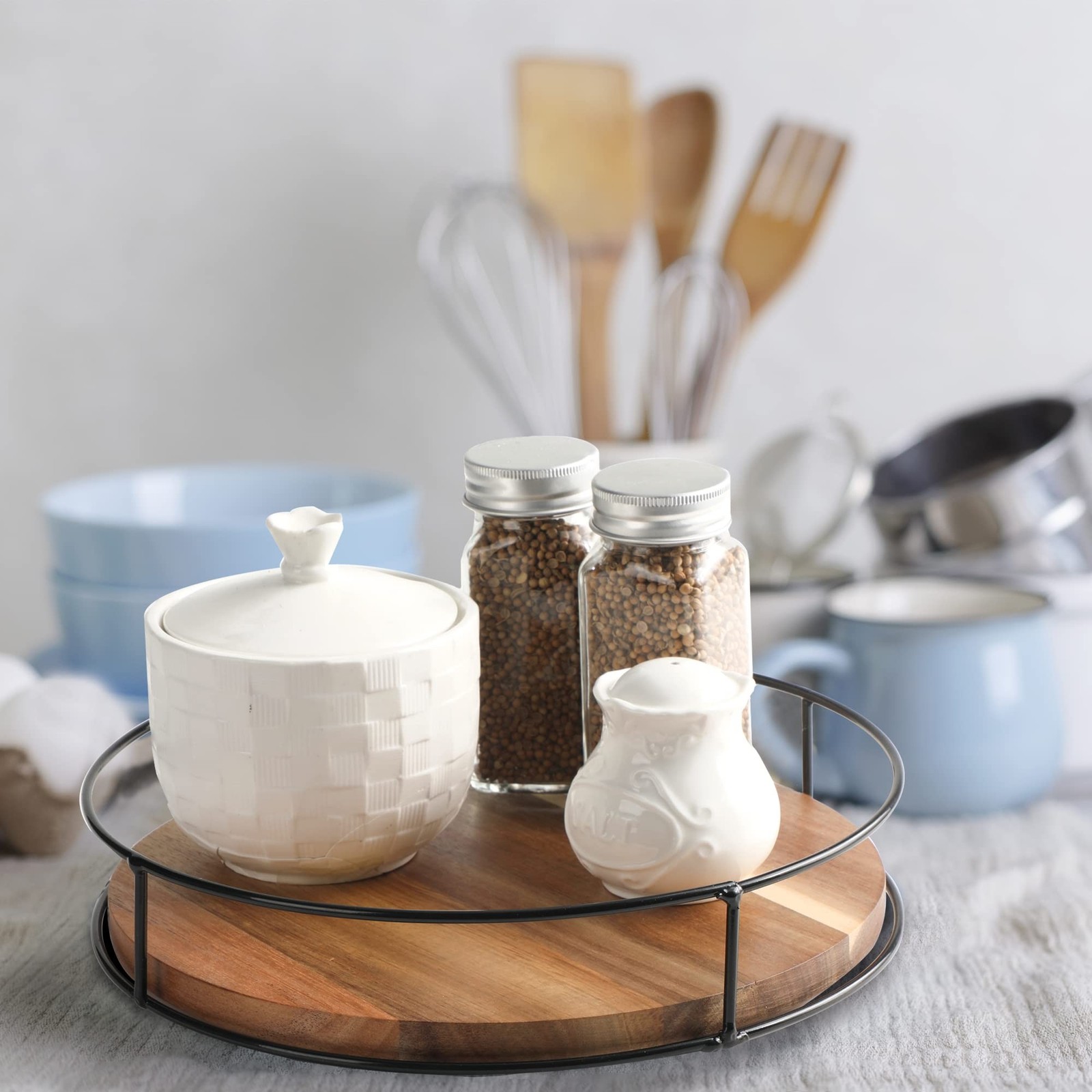 [ 2 Pack ] 9″ & 10″ Acacia Wood Lazy Susan Organizers with Steel Sides 9″ & 10″