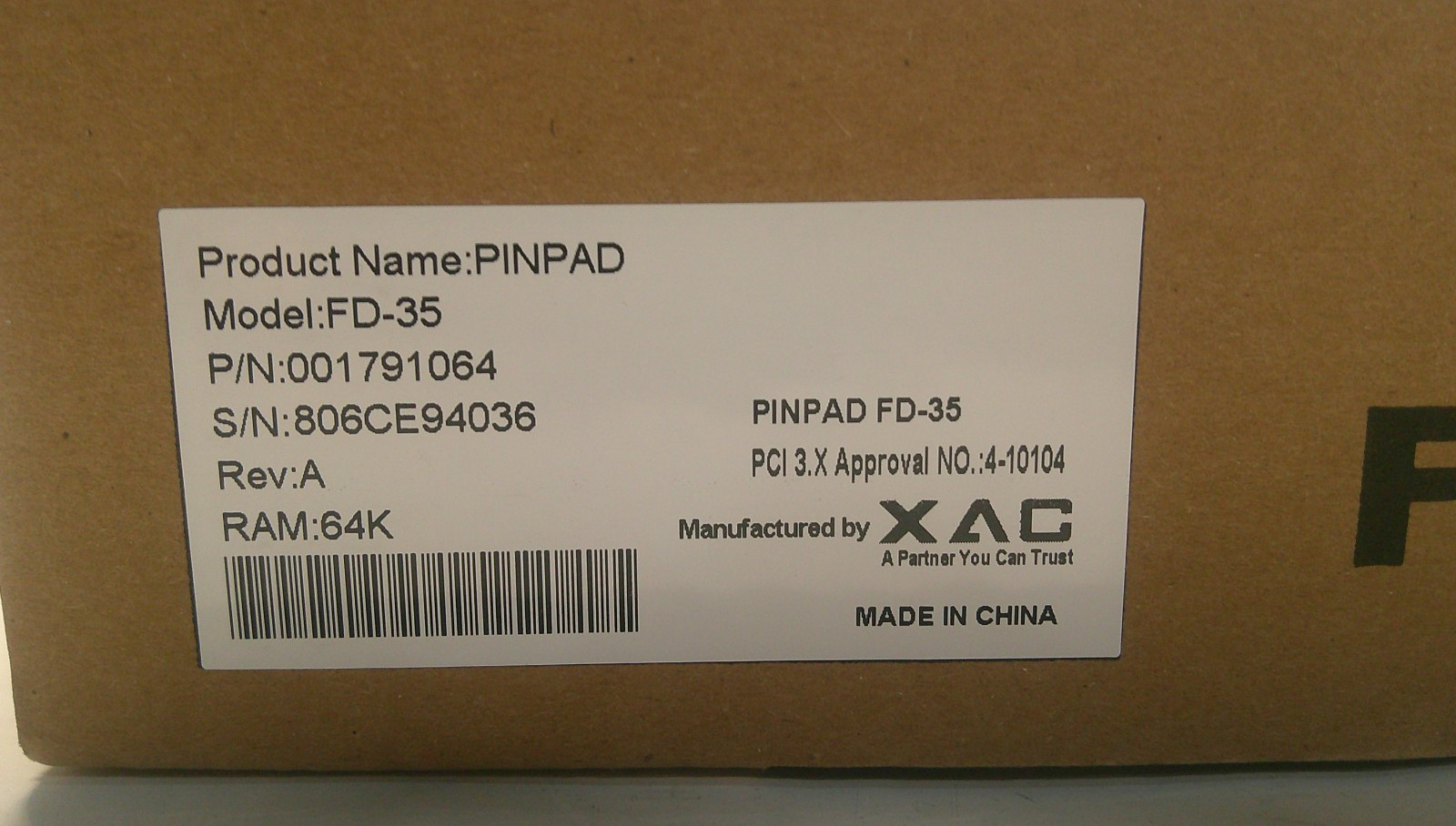 First Data FD-35 Pin Pad Credit Card Reader
