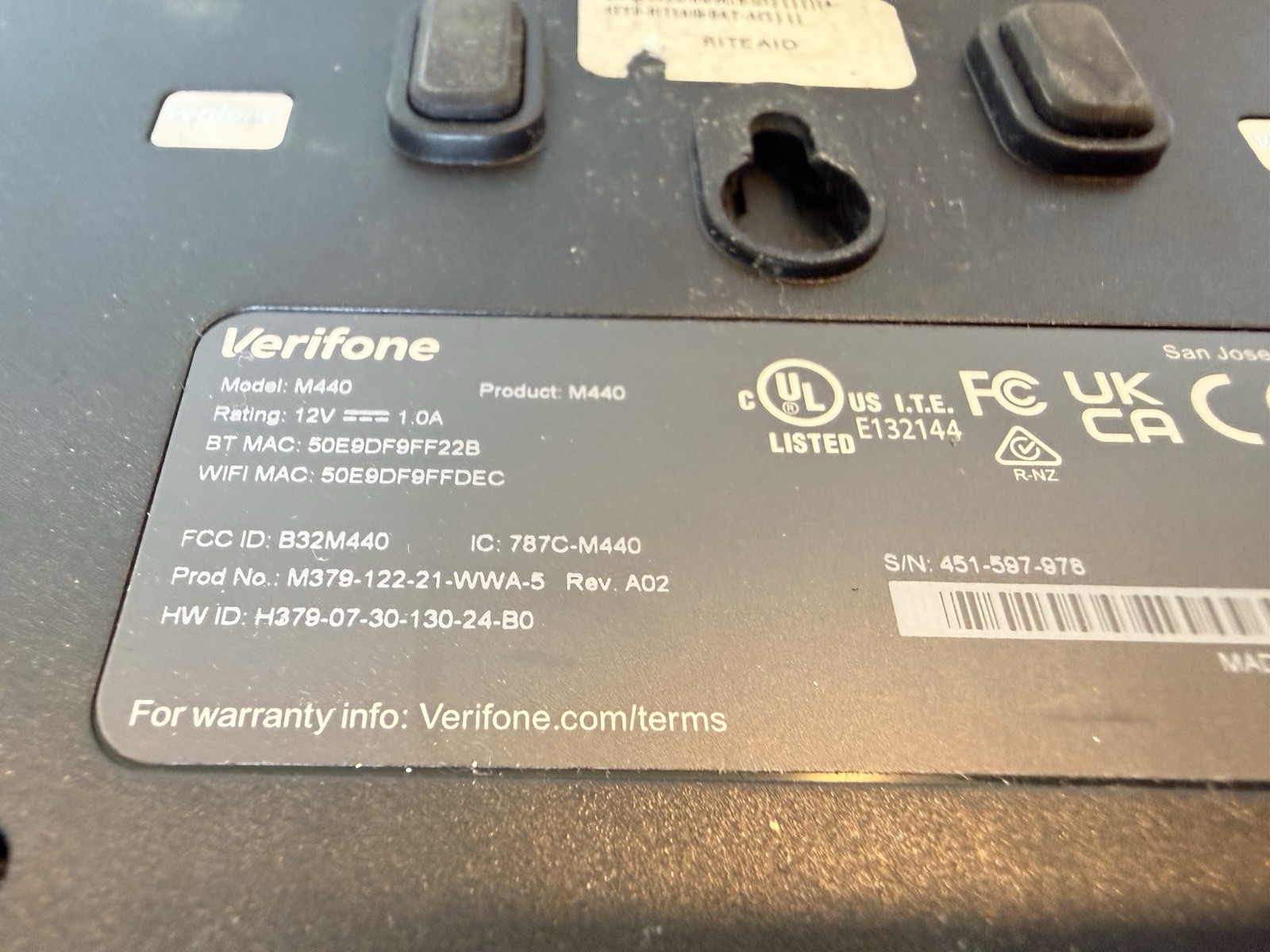 Verifone M440 Pin Pad Credit Card Terminal POS Tap To Pay W Power & Stand Tested