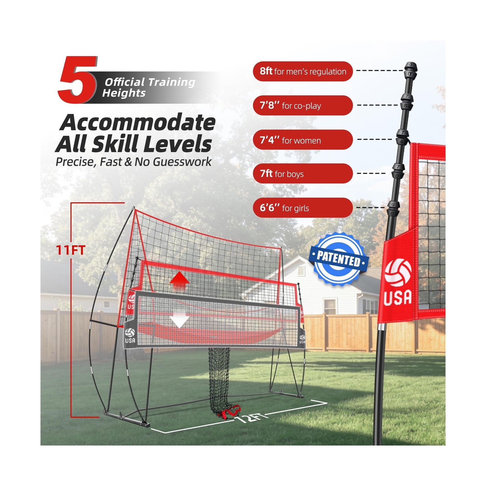 2-in-1 Volleyball Practice Net Station with Patented 5-Height (6’6” to 8′), …
