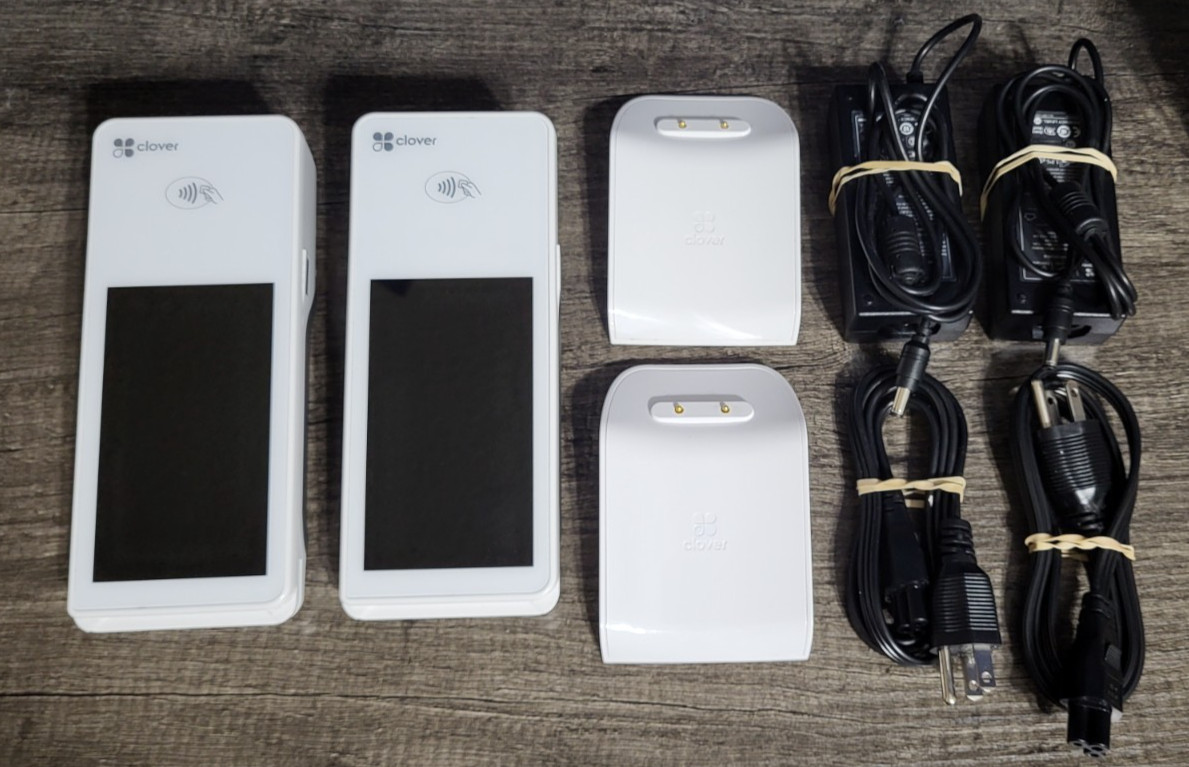Lot of 2 Clover Flex C403 POS Terminals w/ Charging Docks & Power Adapters – Res