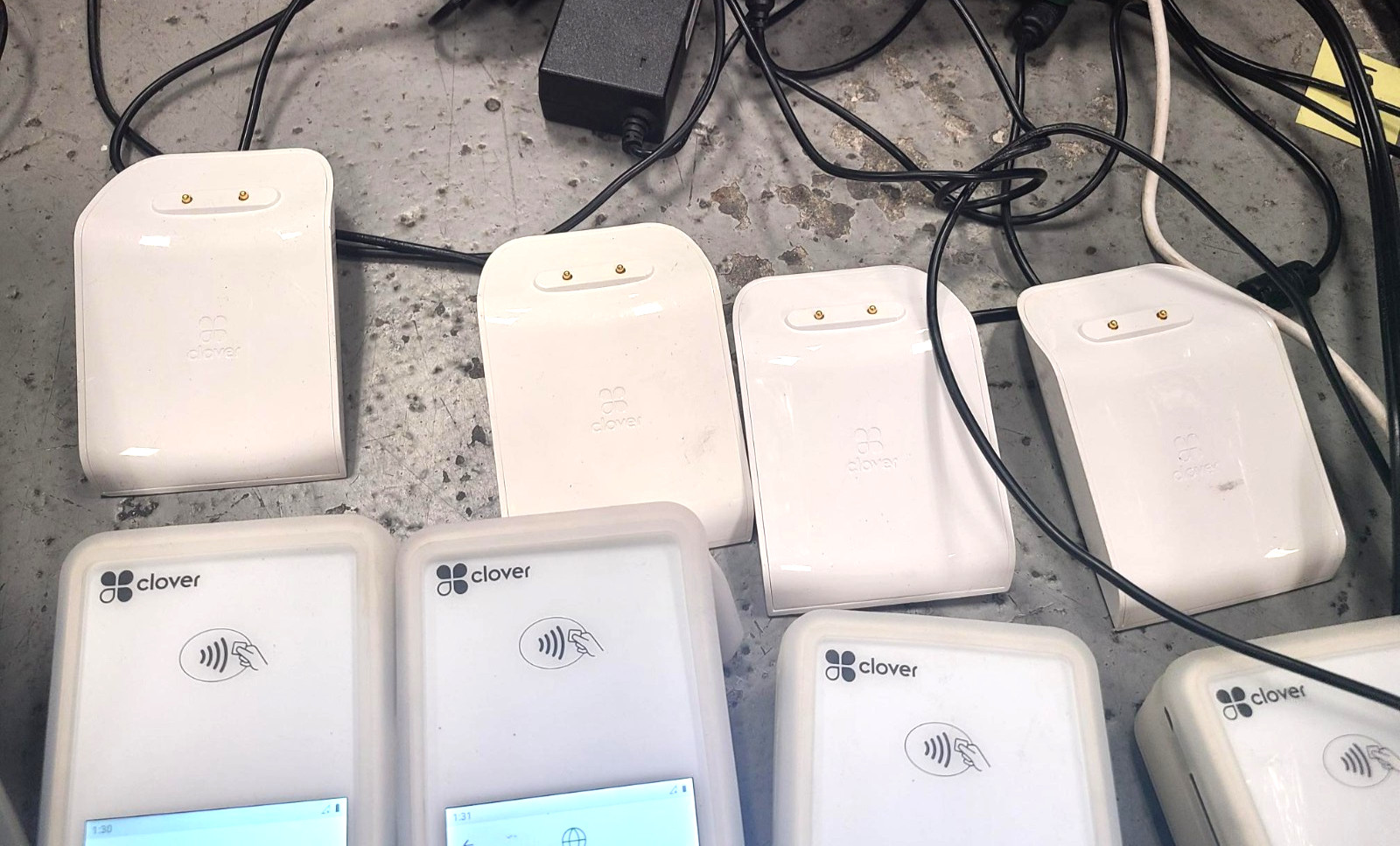 LARGE LOT of Clover Flex Wireless Card Payment Terminal w cradle, printer, & pow