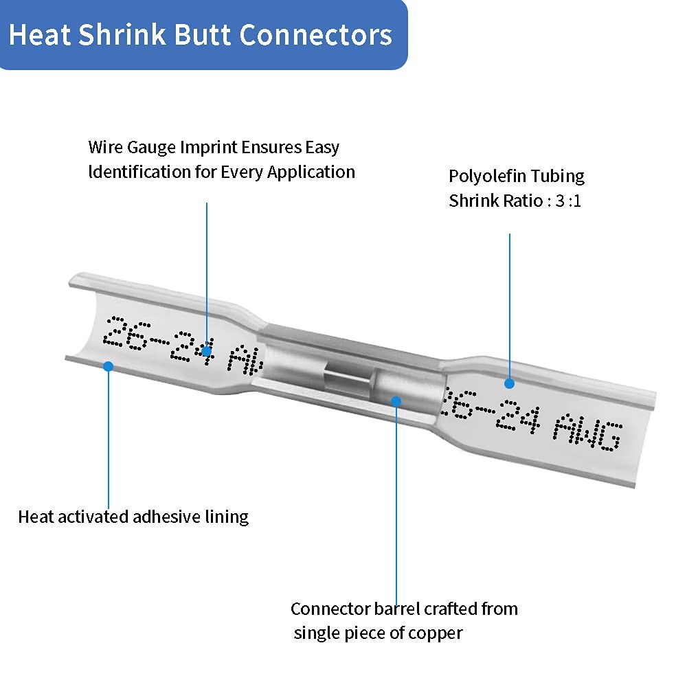Qizpcer Heat Shrink Butt Connectors, 26-24 AWG 100 Pcs Clear Marine Grade