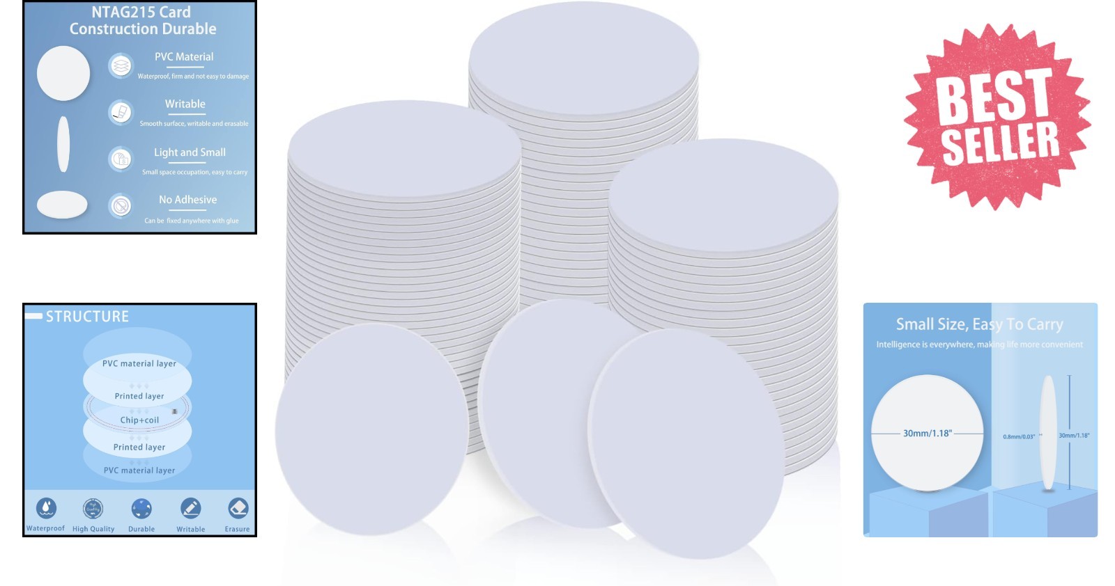 Versatile 100 PCS NFC Coin Cards – 30mm NTAG215 Tags for Easy Data Sharing