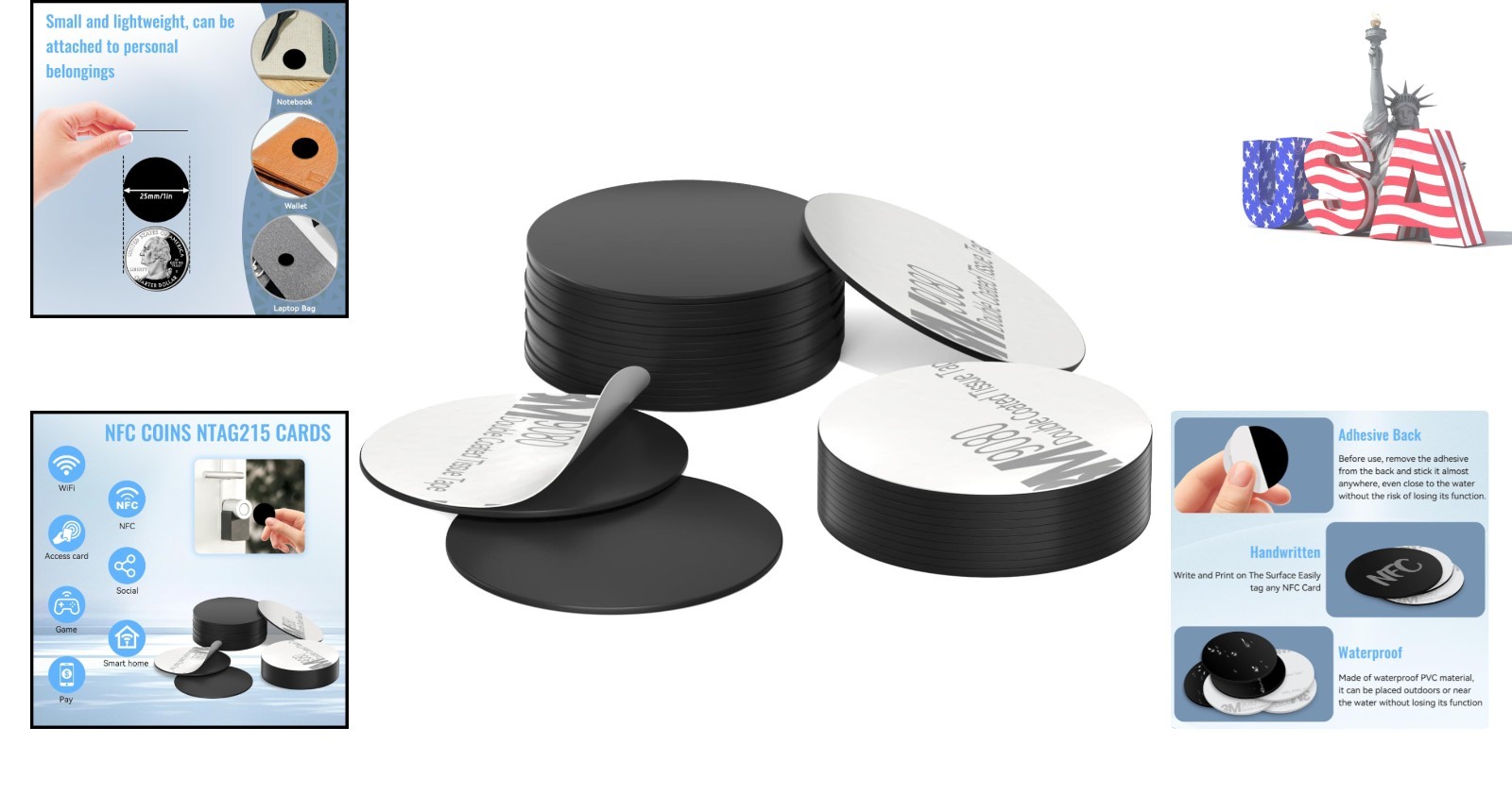 Waterproof 10 pcs Black NFC Tags with Adhesive, Compatible with TagMo Devices