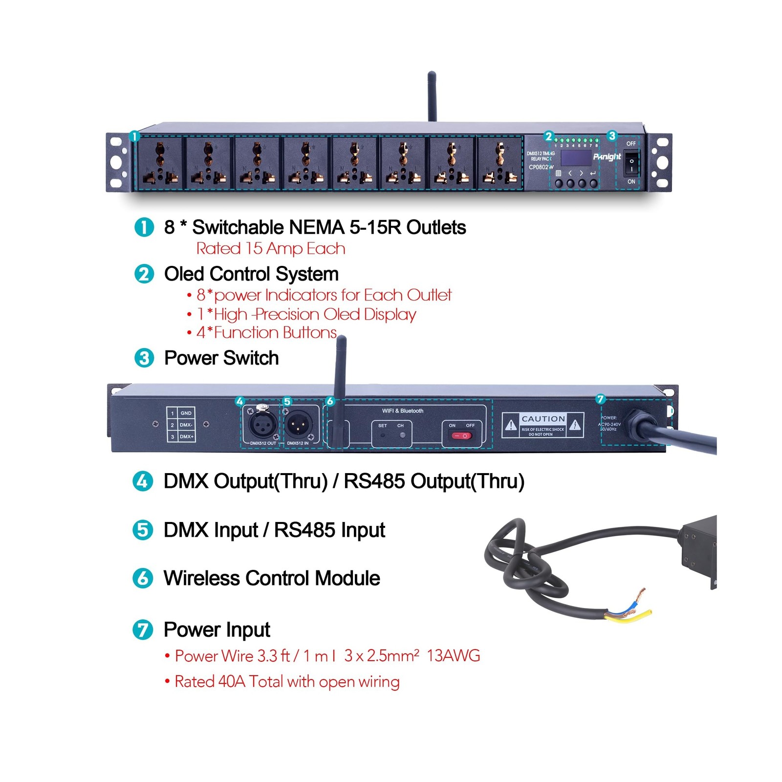 Pknight Pknight 2.4G Wireless WiFi & RS485 8-Outlet Smart PDU DMX Relay –