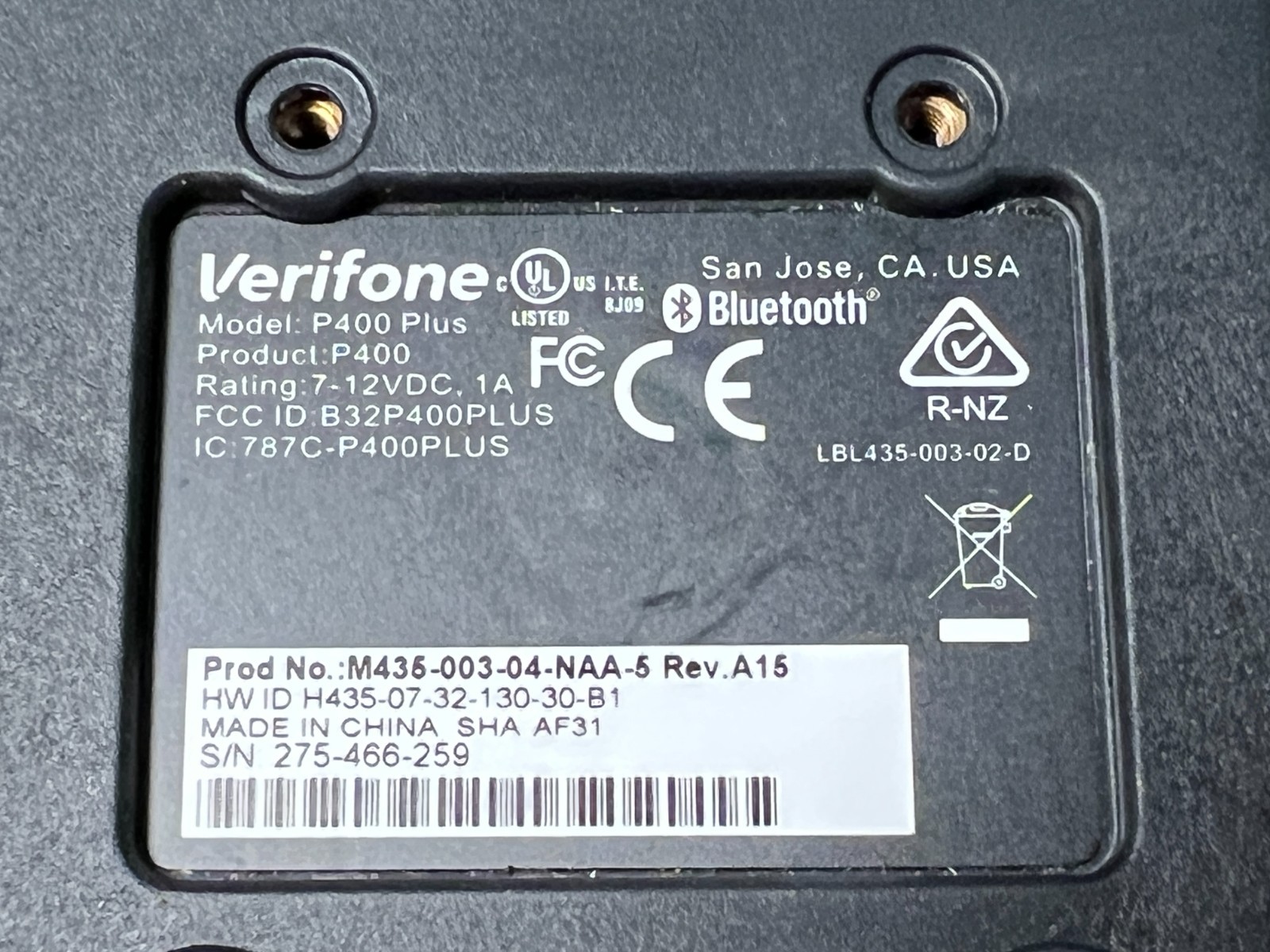 Verifone P400 Plus M435-003-04-NAA-5 + Stripe test card, ethernet attachment