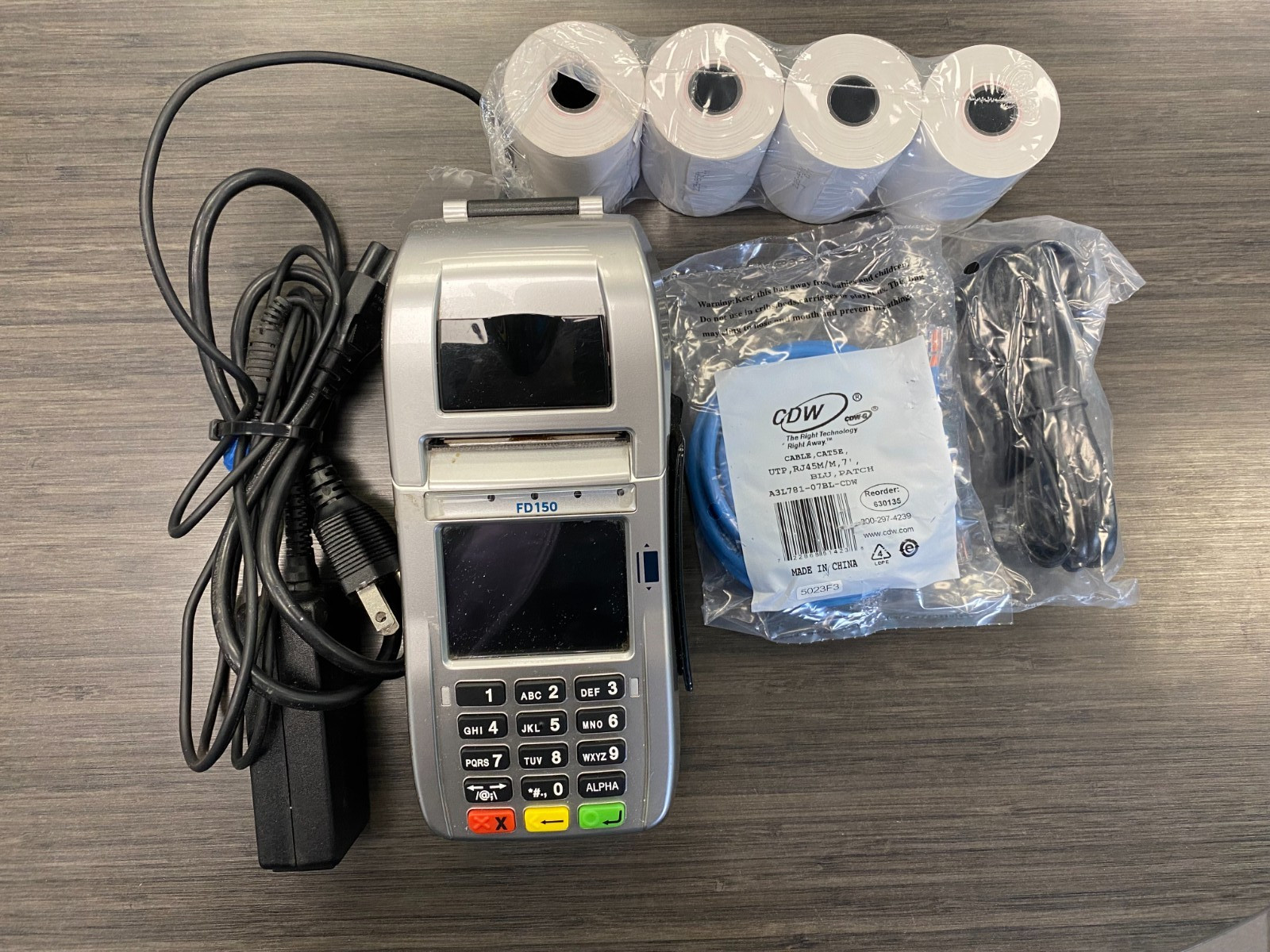 Used FirstData FD150 Credit Card Terminal untested wifi wire power supply paper