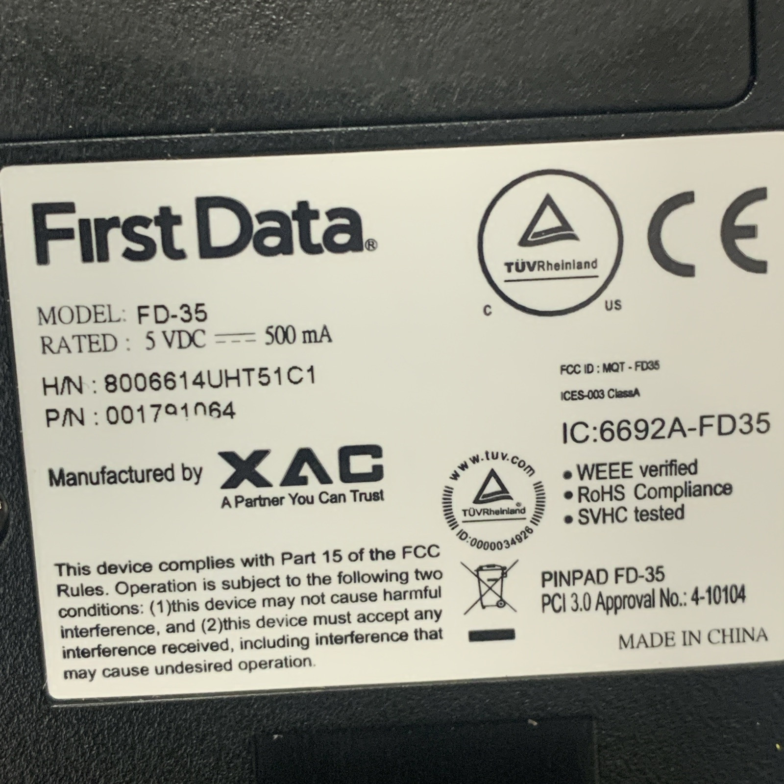 First Data FD-35 Card Terminal w/ USB Cable