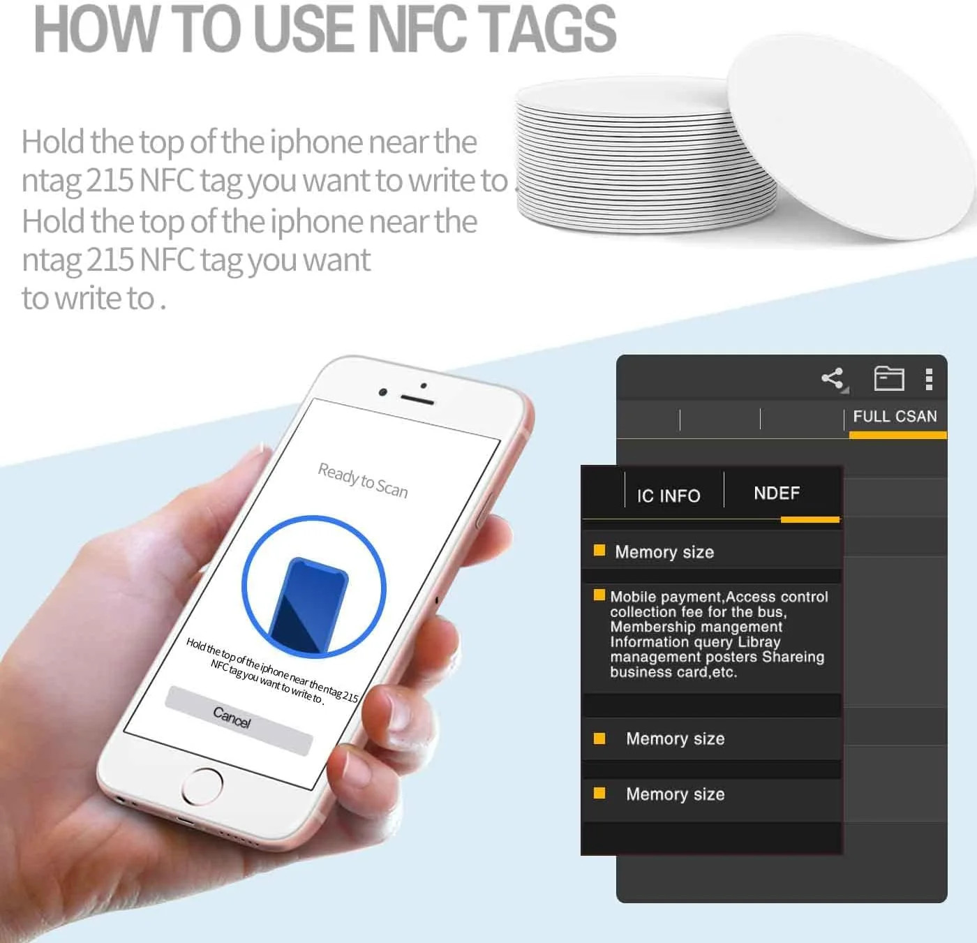 50pcs NFC Cards NFC Tags Ntag215 chip NFC215 tag rewritable NFC Coin Cards， Comp