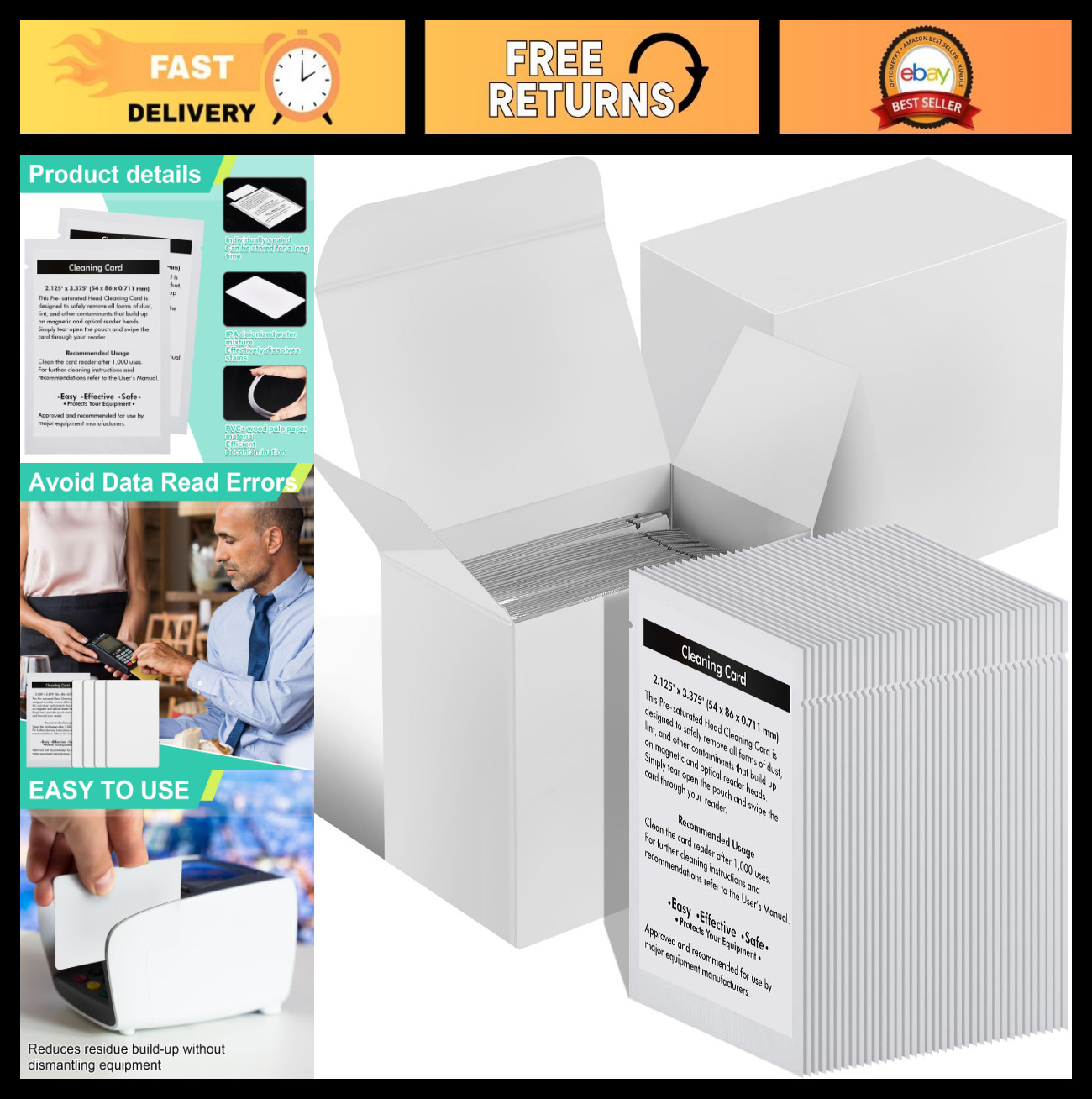 100 Pcs Credit Card Reader Cleaner Cards – Dual-Sided Cleaning Sheets for POS &