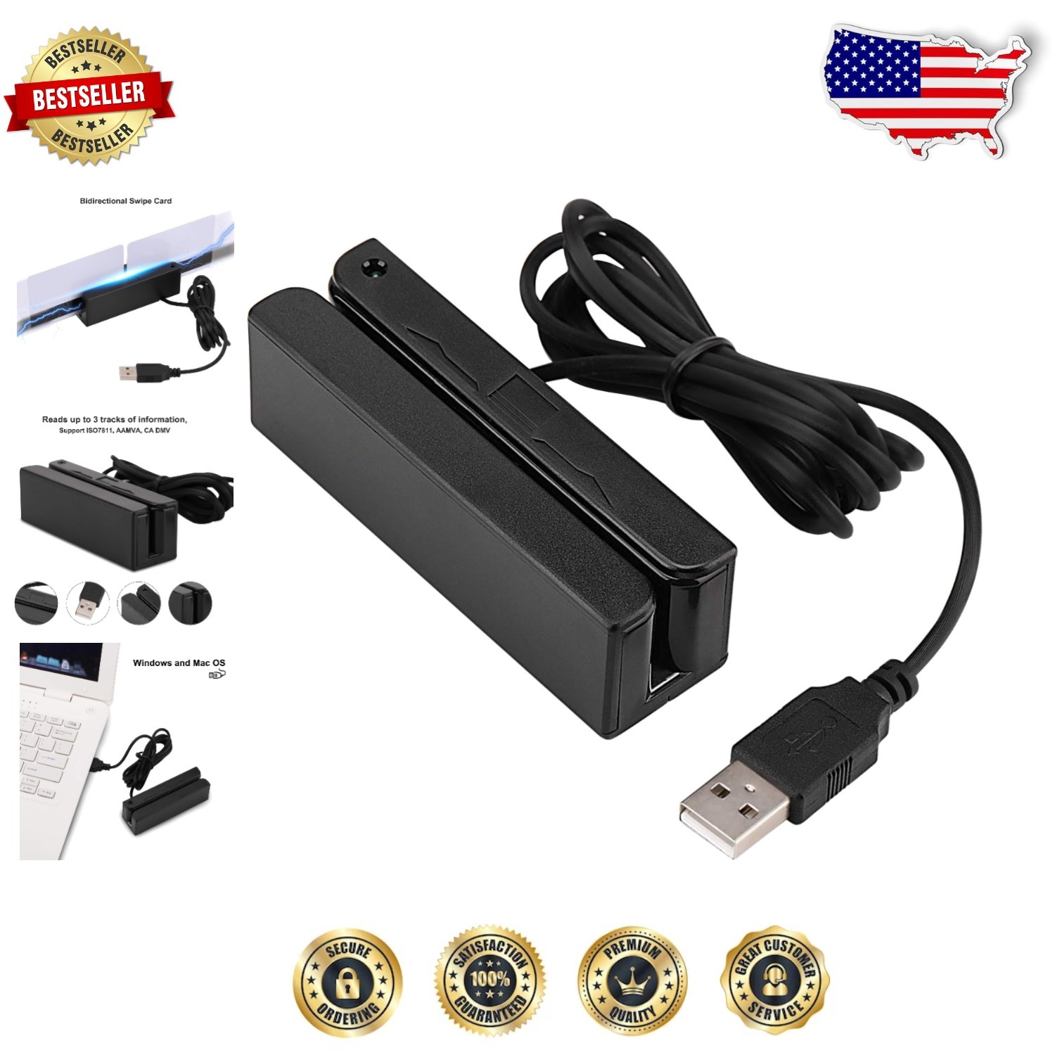 High-Quality USB Card Reader 3 Track Bi-Directional Swipe Black
