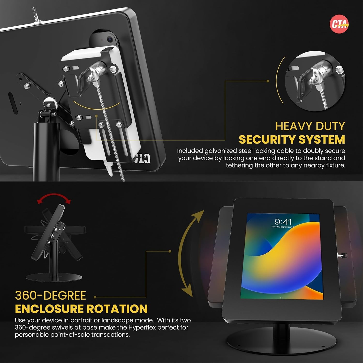 Premium iPad POS Stand 360 Degree Rotation Anti-Theft Lock CTA PAD-HSKSBL