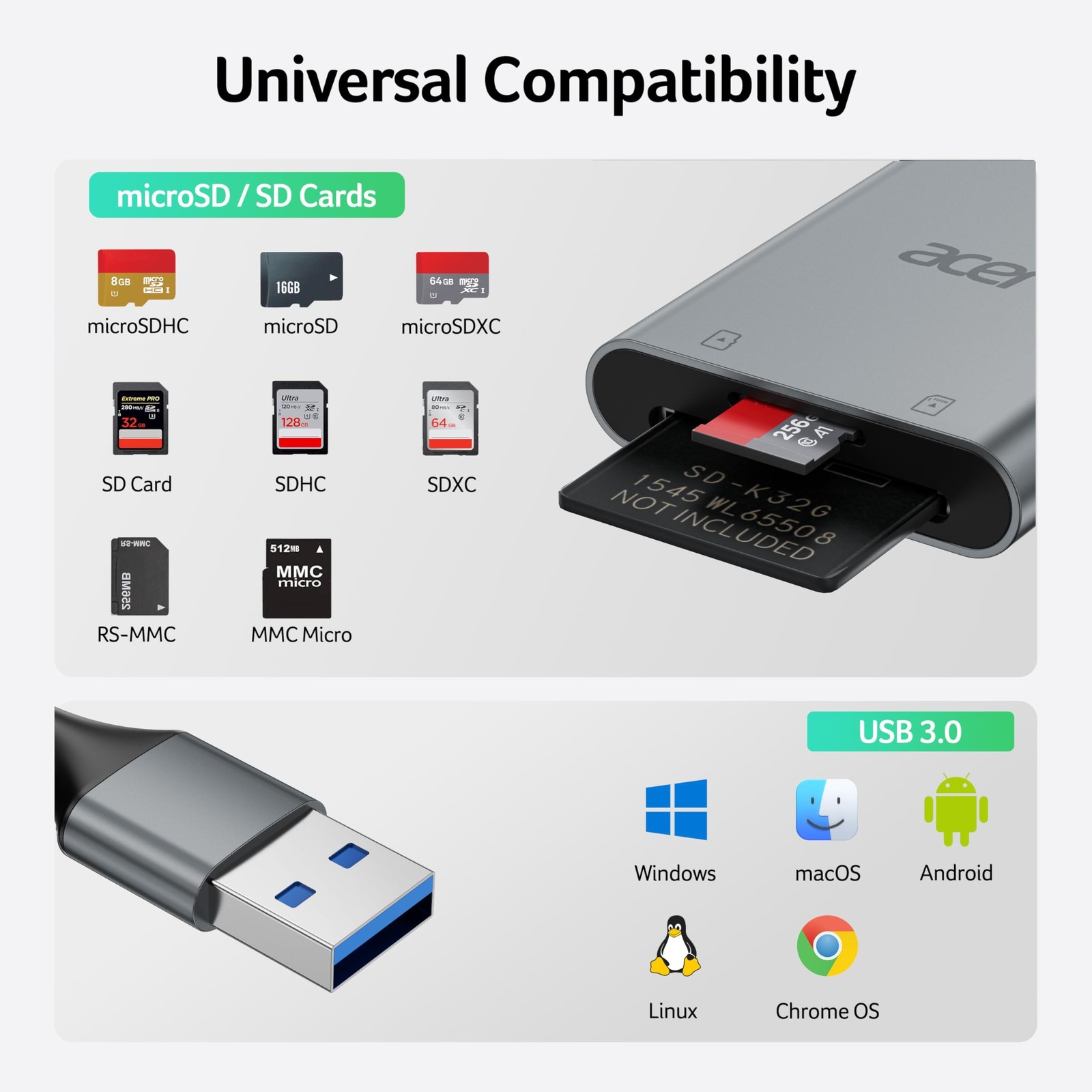Acer SD Card Reader, USB A 3.0 to Micro Memory Card Reader, Aluminum Dual Slo…