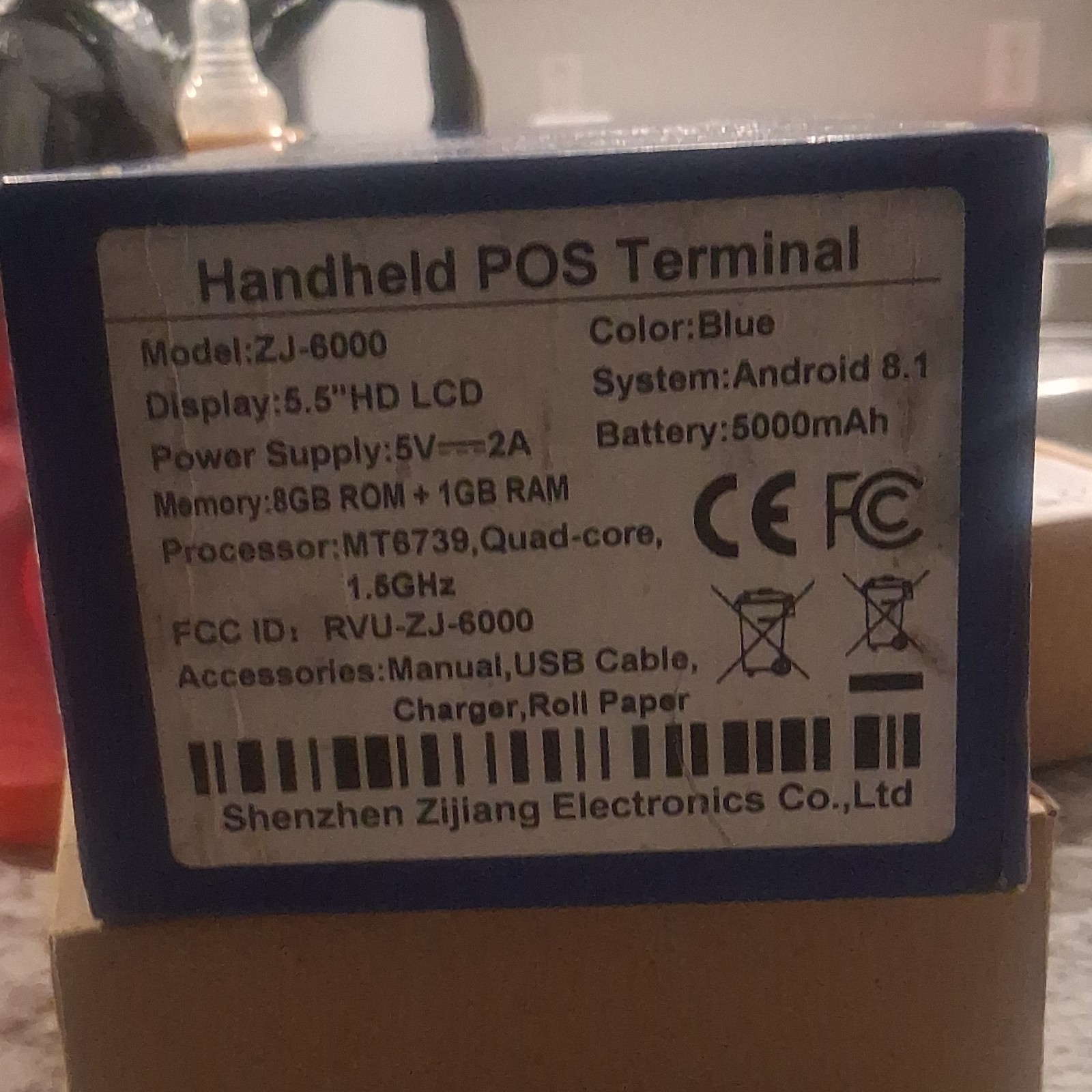 Shenzhen Zijiang ZJ-6000 Handheld POS Terminal, Android 8.1, 5.5” LCD, Blue