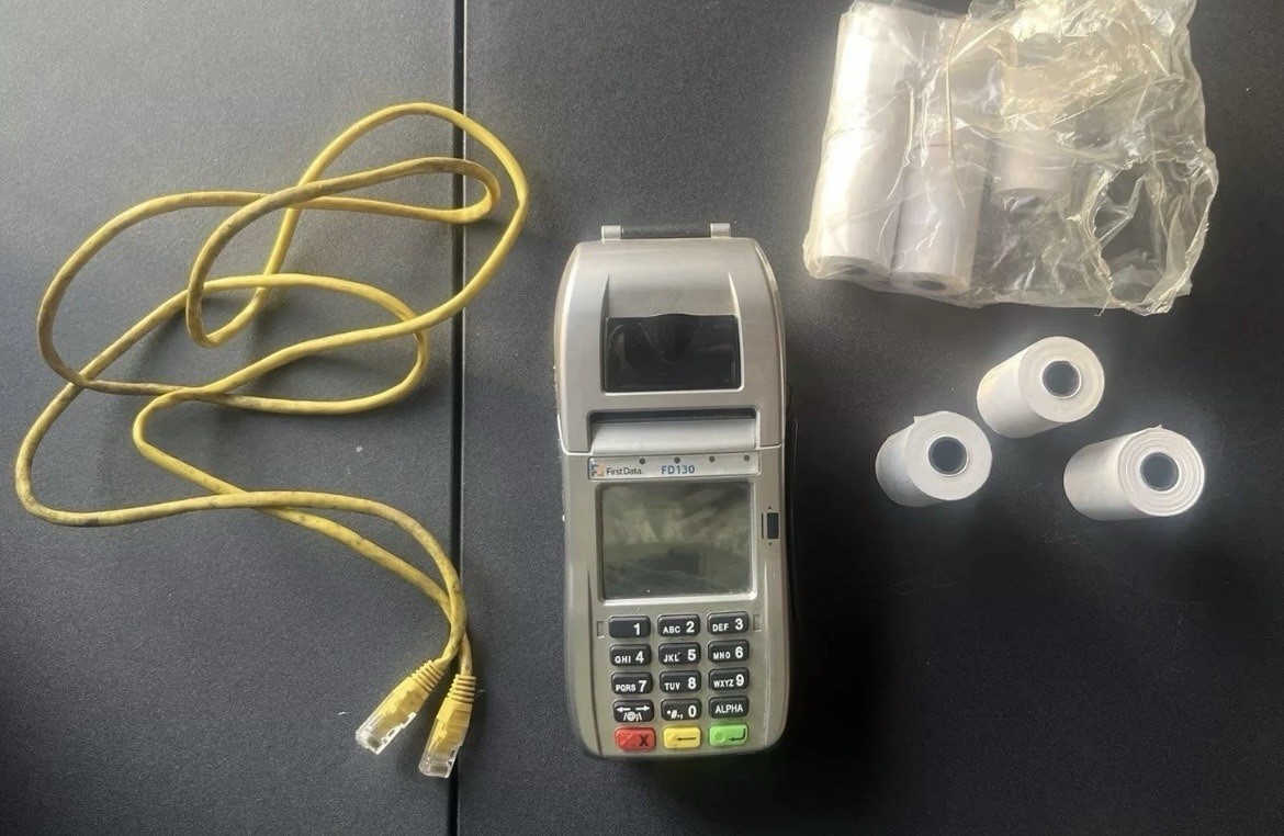 First Data FD130 EMV Credit Card Terminal + 8 Paper Rolls.