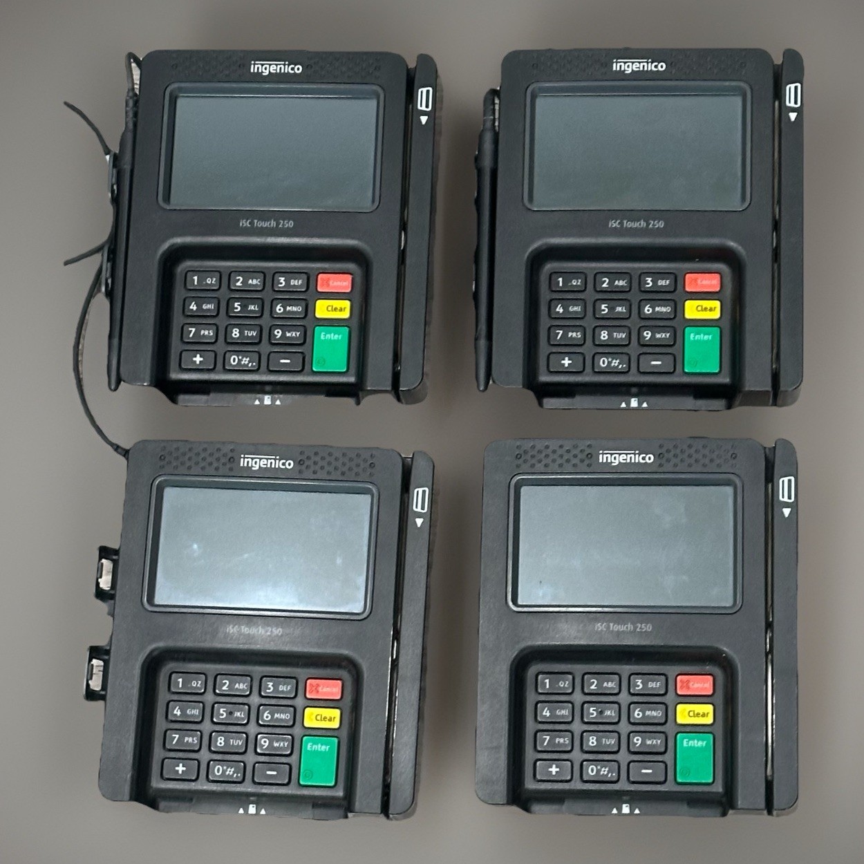 *Lot of 4* Ingenico iSC Touch 250 w/ 4 Pens, 4 Credit Card Mounts & Multi Cables
