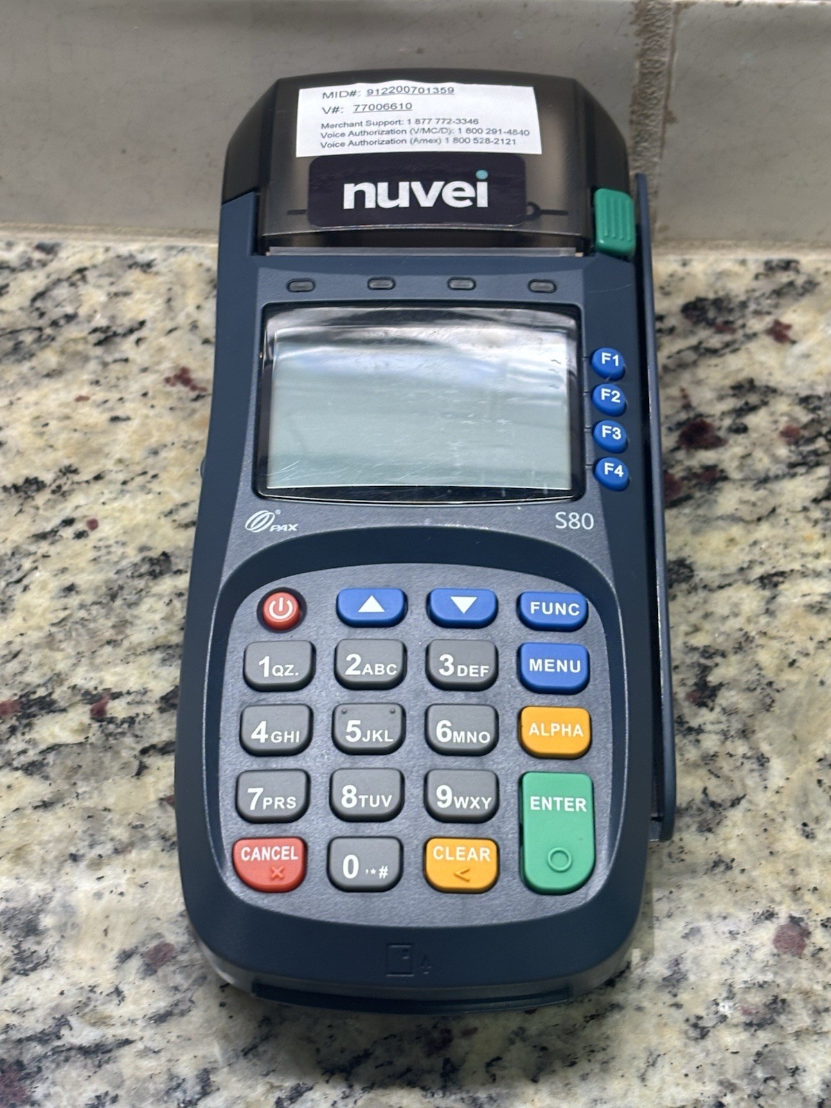 PAX S80 Credit Card Reader Terminal Unit w/ Cables & Receipt Tape Powers On EUC