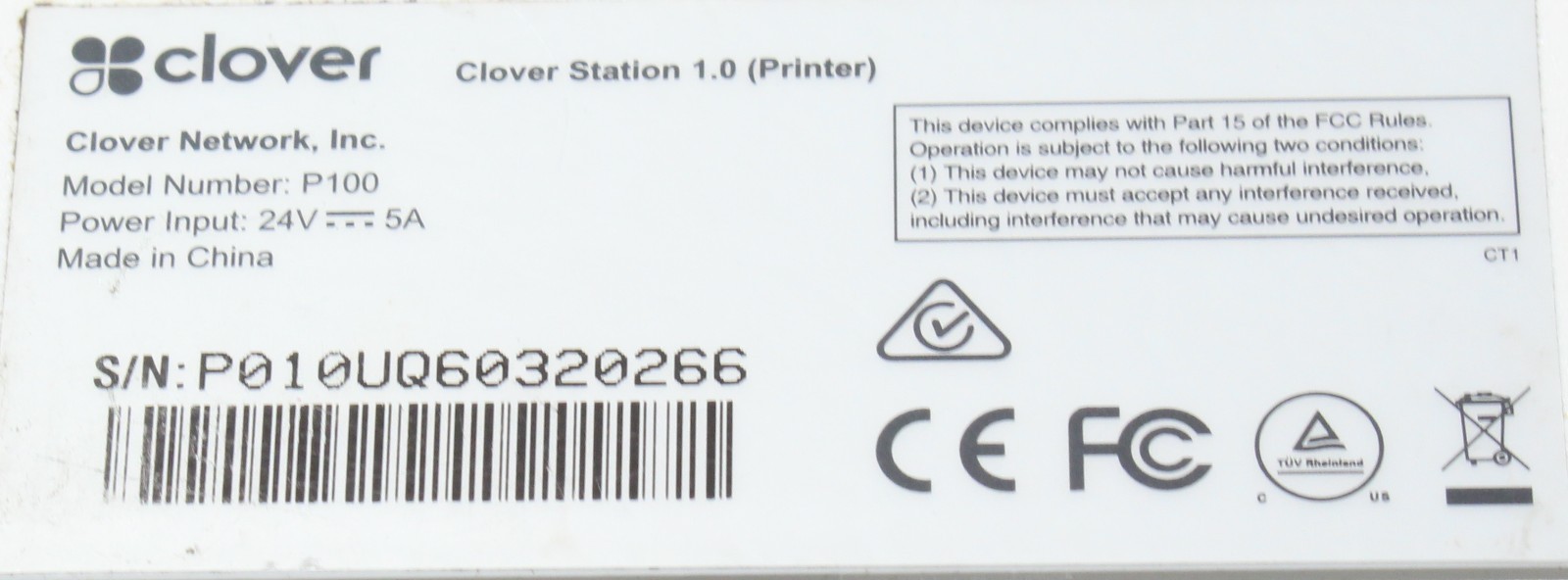 Clover Station 1.0 P100 Receipt Printer ; 6170833