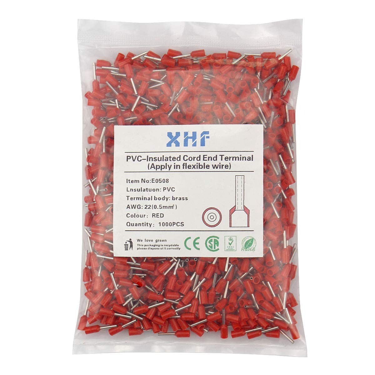 XHF 1000 PCS AWG 22/0.5mm² Wire Ferrules Insulated Copper Crimp Connectors Red