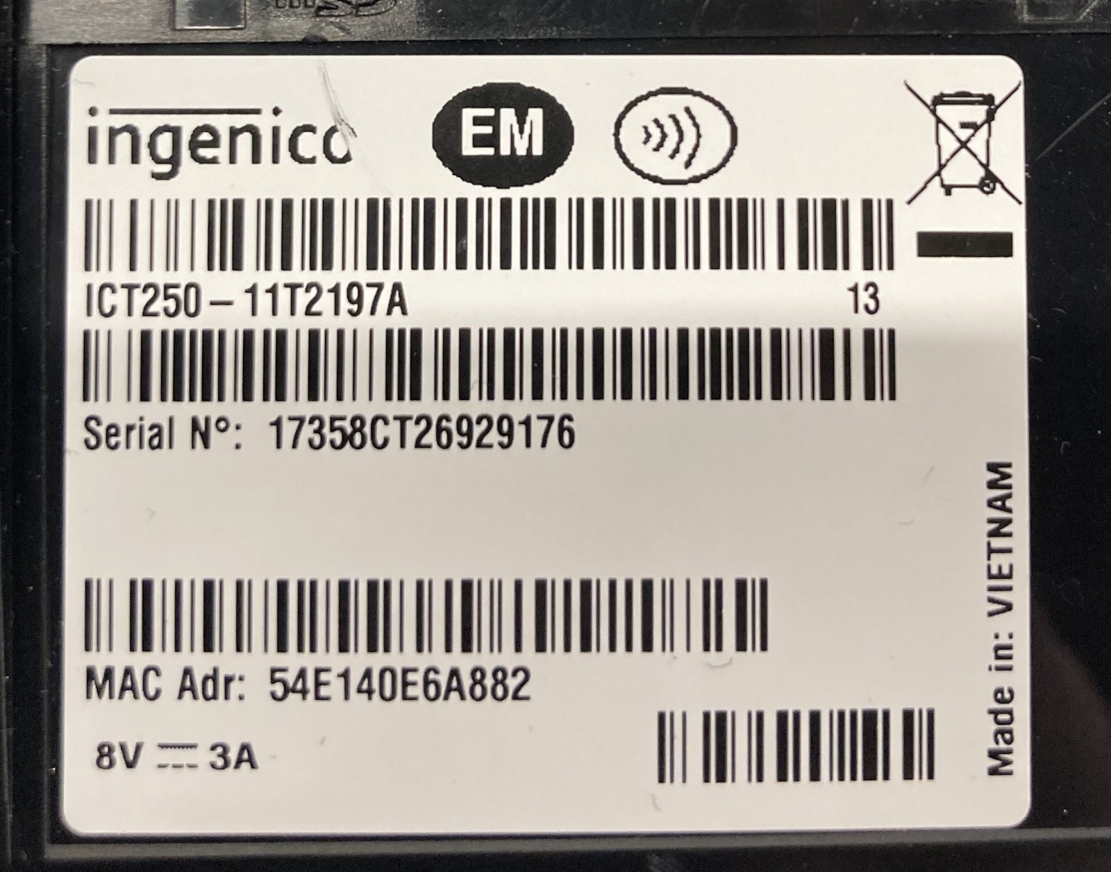 Ingenico ict250 Card Reader ict250-11P2198B (Unit Only)