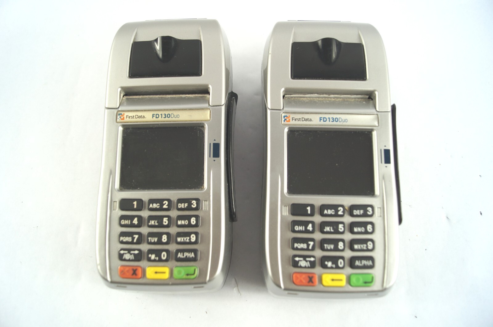 LOT (2) FirstData FD130Duo Credit Card Terminal with Label Paper WORKING B341