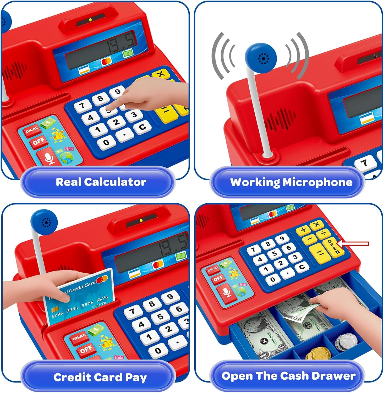 Calculator Cash Register – 103 Pcs Toy Cash Register, Microphone, Credit Card an