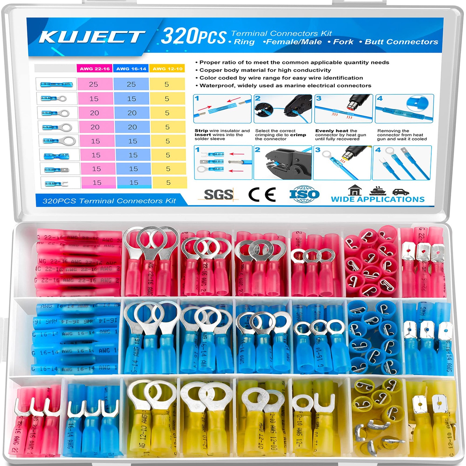 Kuject 320Pcs Heat Shrink Wire Connectors Kit Electrical Waterproof Crimp Butt
