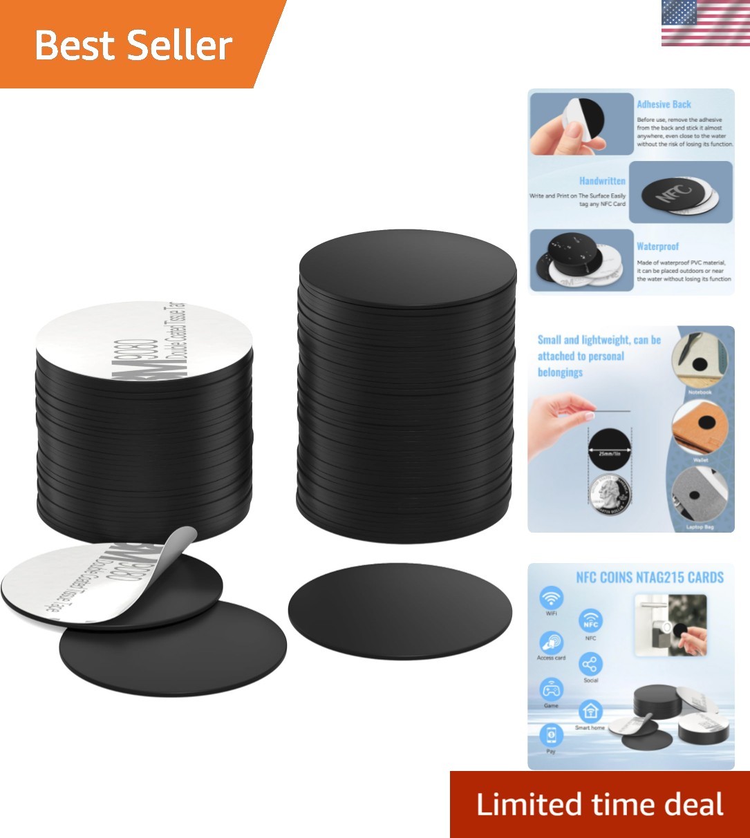 Versatile Waterproof NFC Coins – 100 Black 13.56MHz Adhesive Tags for Android