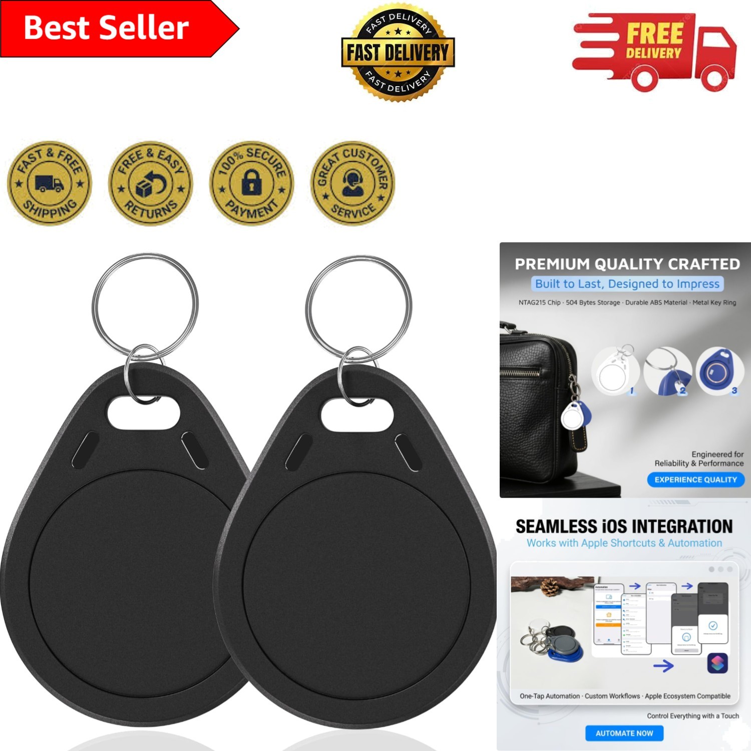 NFC 215 Keytags in Black – Rewritable Tags with Keychain for Smart Devices