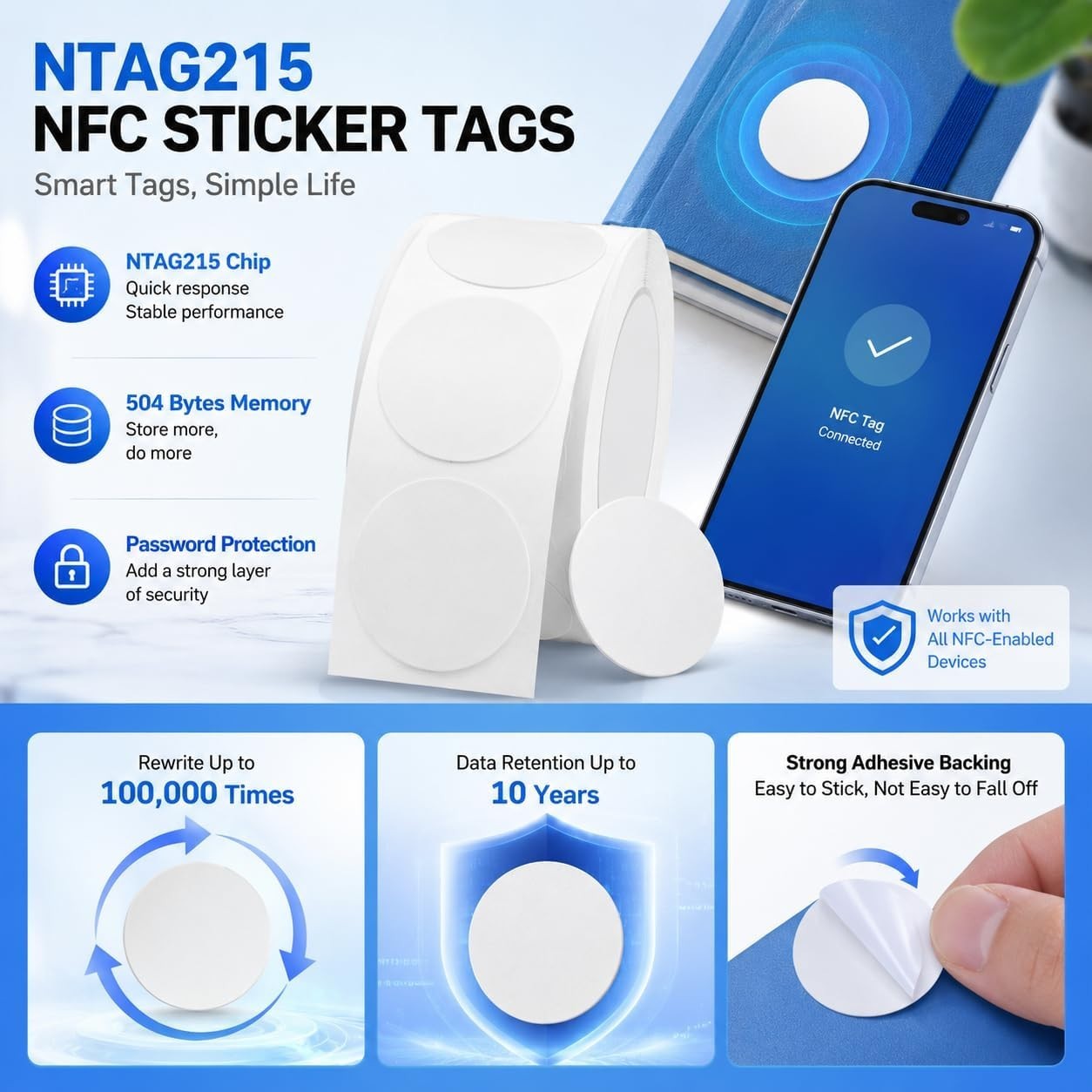 Durable 25mm NTAG215 NFC Stickers – 10 Pack Writer Blank with Strong Adhesive
