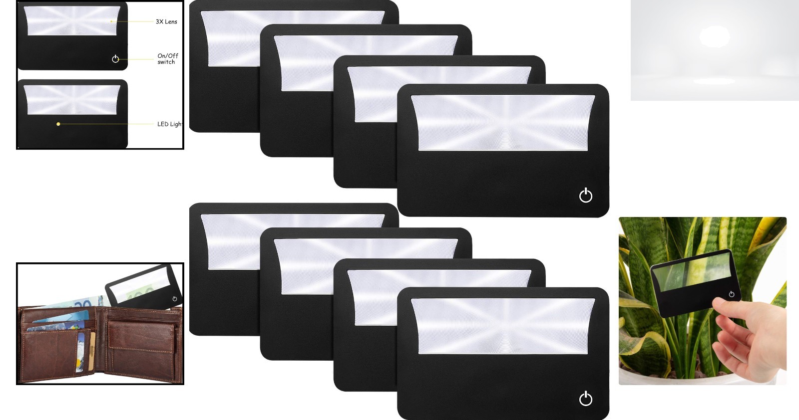 Credit Card Magnifier 3X LED Light Pocket Wallet Size Black 8 Pack Portable Lens