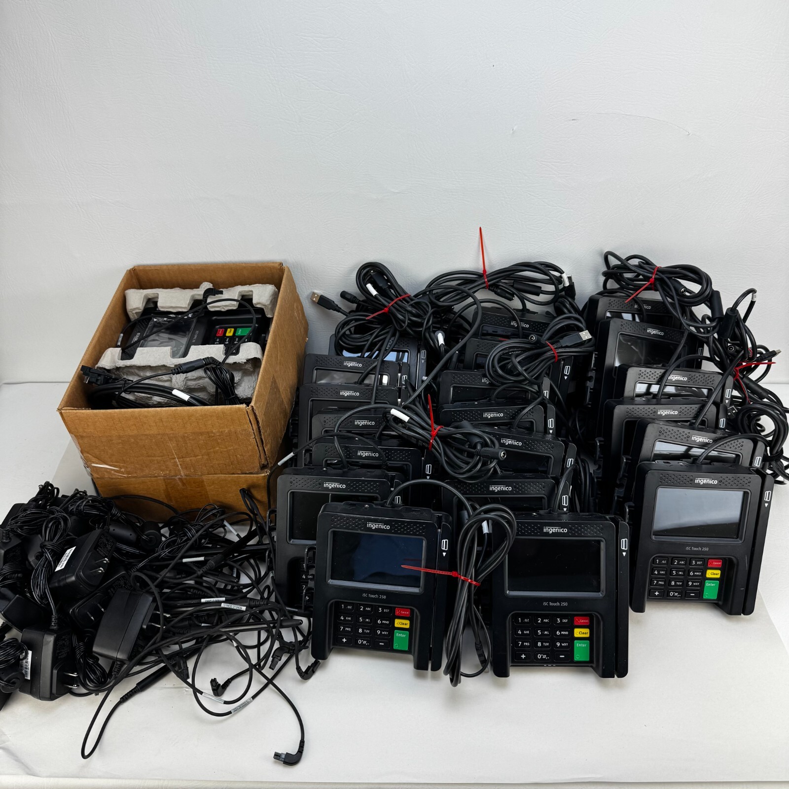 Lot of 22 Ingenico iSC Touch 250 Credit Card Machines w/ Power Supplies & Stylus