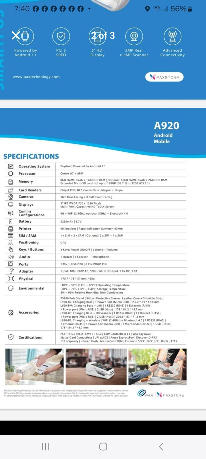 PAX A920 Smart POS Mobile Payment Terminal Android /WH