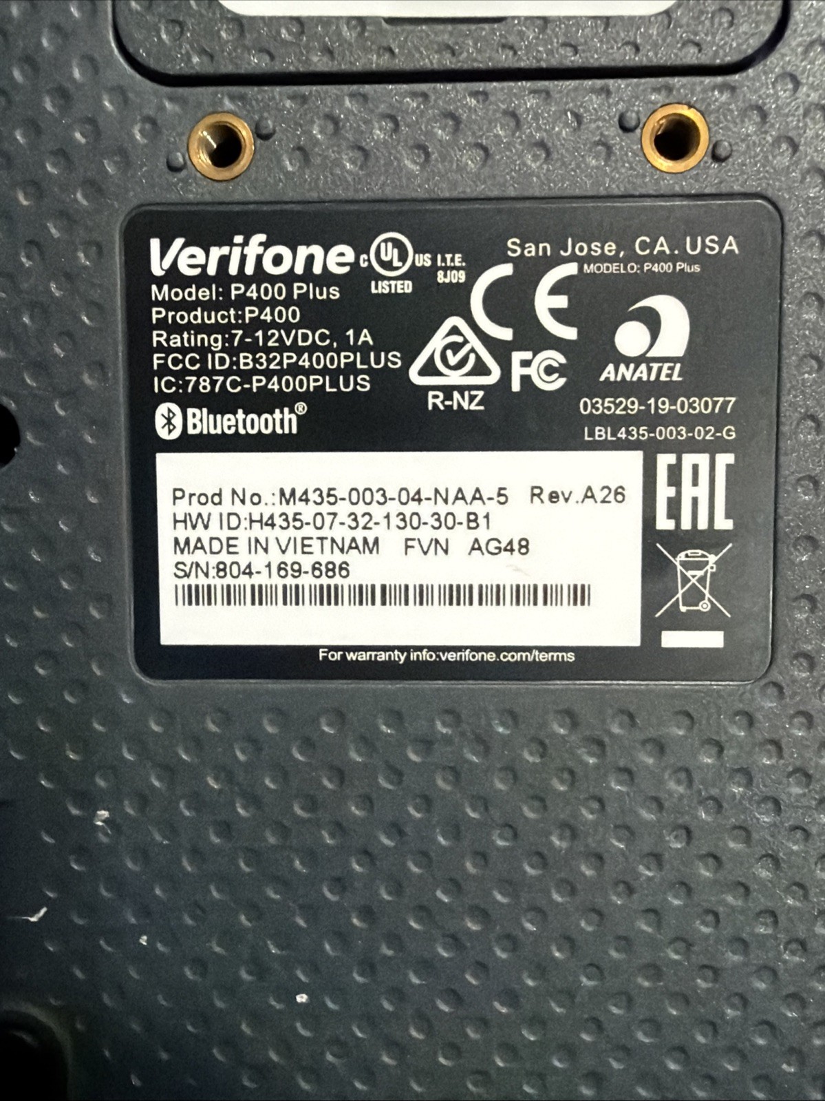 VeriFone P400 Plus Payment Terminal (Pin Pad) PN:M435-003-04-NAA-5