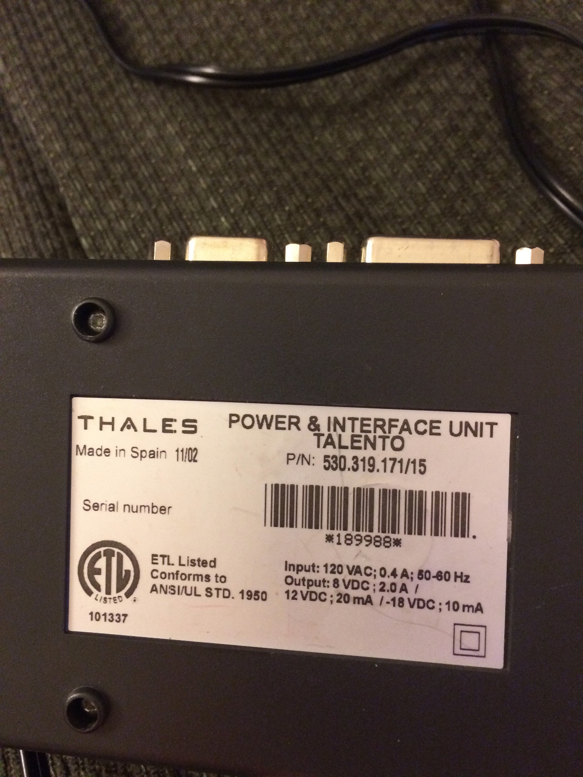 BLACK THALES POWER & INTERFACE UNIT TALENTO CREDIT CARD DEVICE CORD!