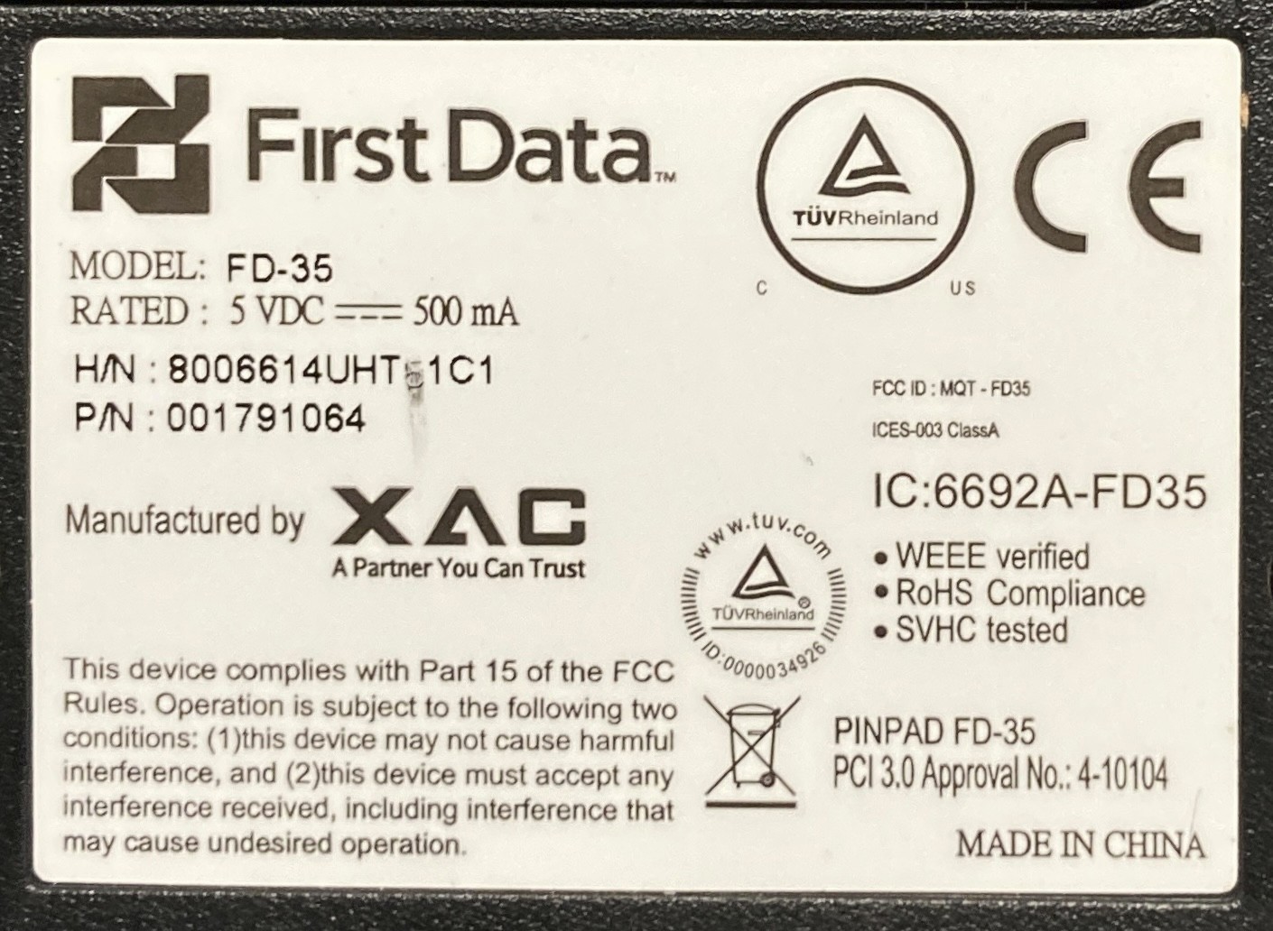 First Data FD-35 USB Wired Credit Card Terminal