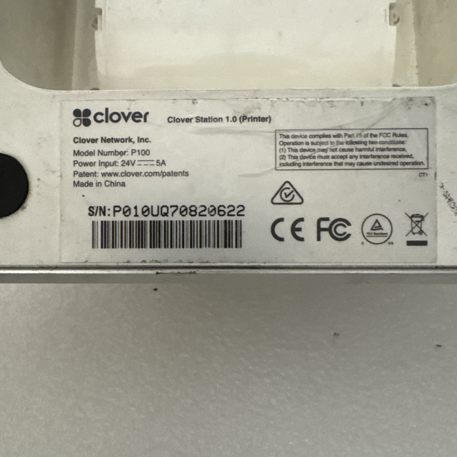 As Is.Clover Station High-Speed Receipt Printer (MODEL:P100) *No Power adapter*