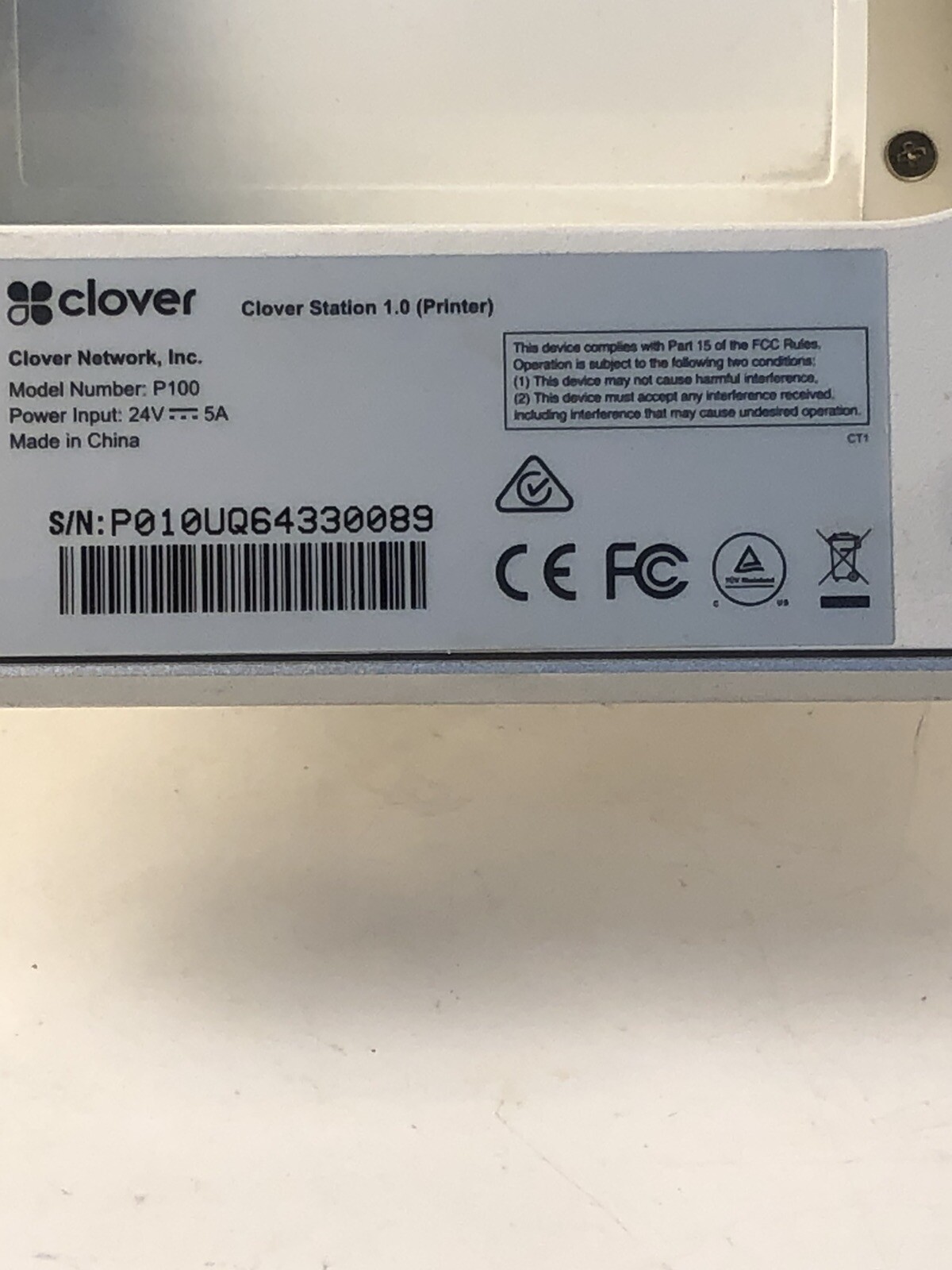 Clover Station 1.0 P100 Receipt Printer w/Power Adaptor no power cord