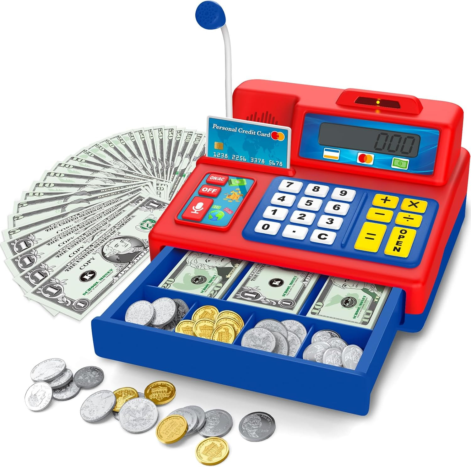 Calculator Cash Register – 103 Pcs Toy Cash Register, Microphone, Credit Card an
