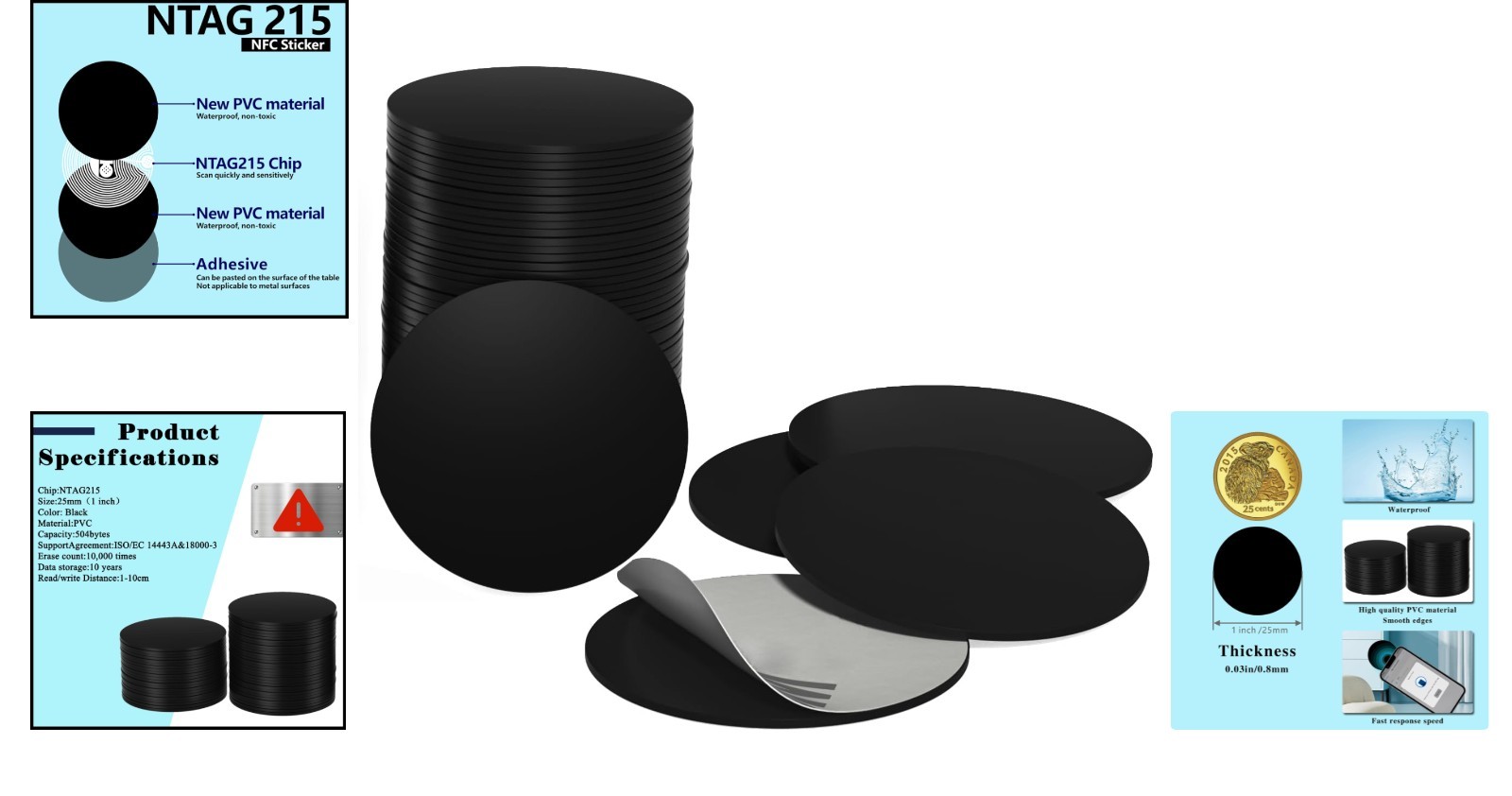 10pcs NTAG215 Black NFC Tags – Waterproof and Rewritable for Easy Connectivity