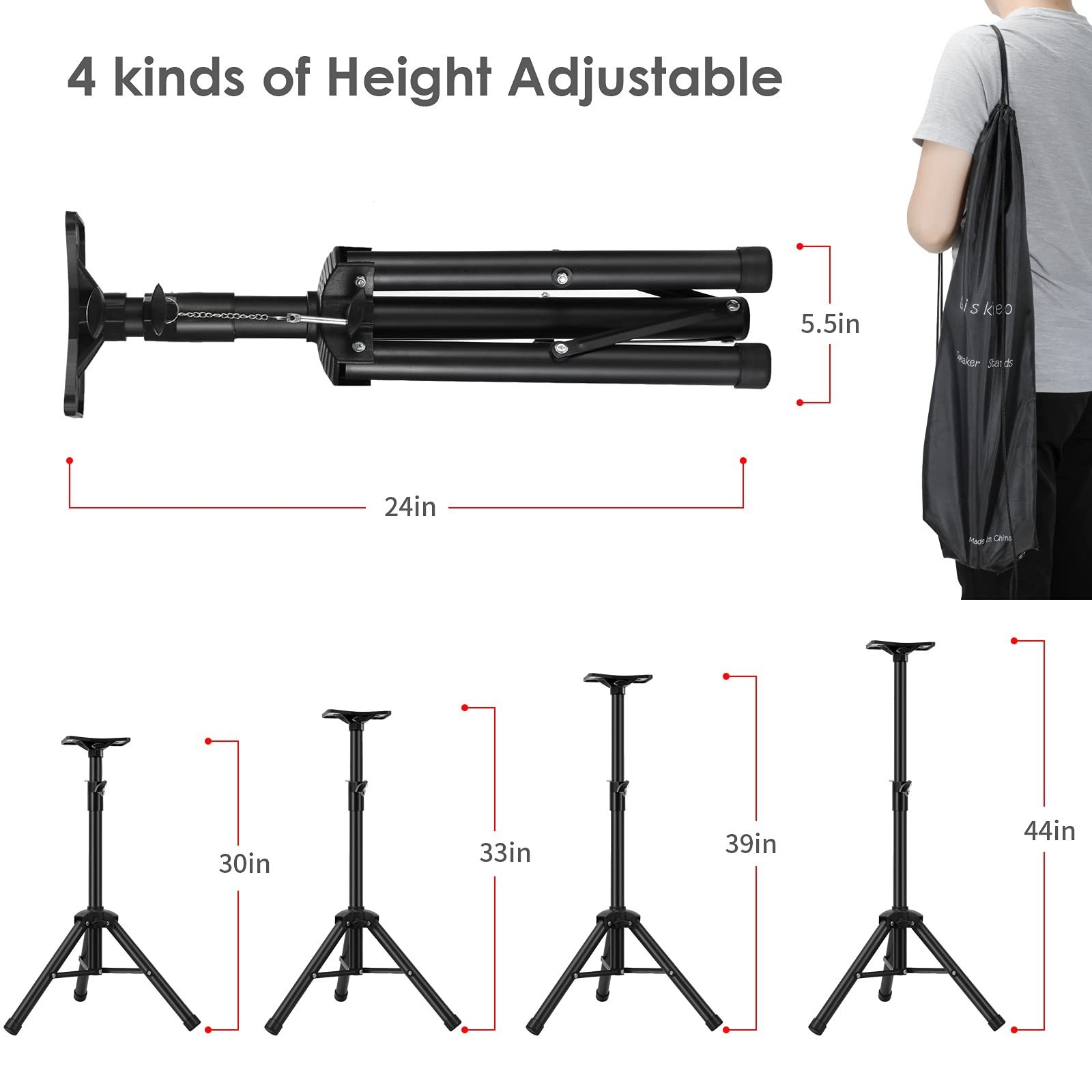 Heavy Duty PA & DJ Speaker Stand – Adjustable Height 30″ to 44″ Steel, Carry …