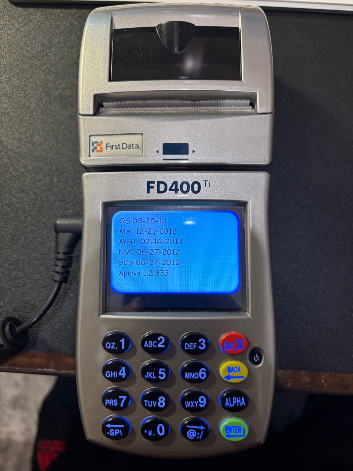 First Data FD400 TI Credit Card Terminal w/ Power Supply and paper.