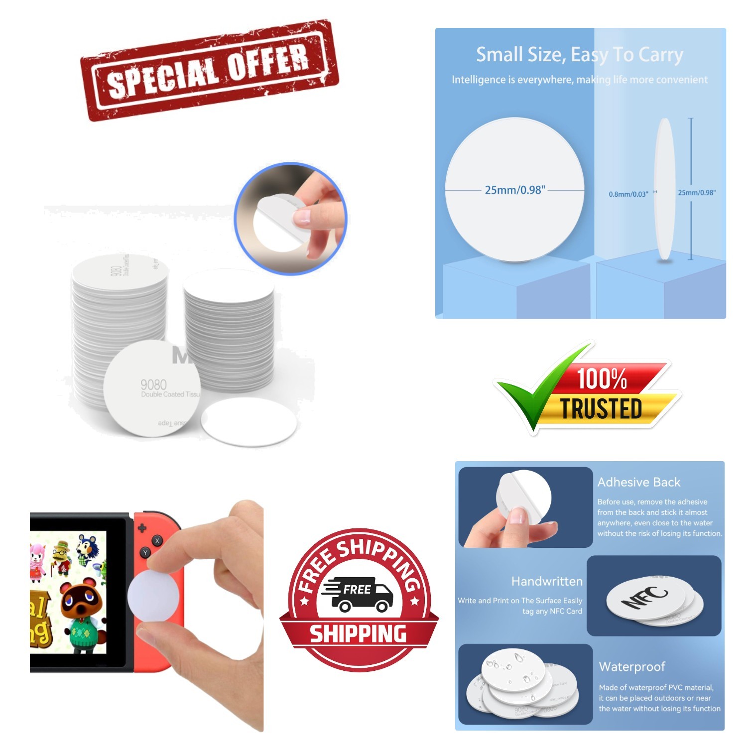 100 Adhesive NFC Coins – High-Quality NTAG215 Blank Tags, Waterproof Design