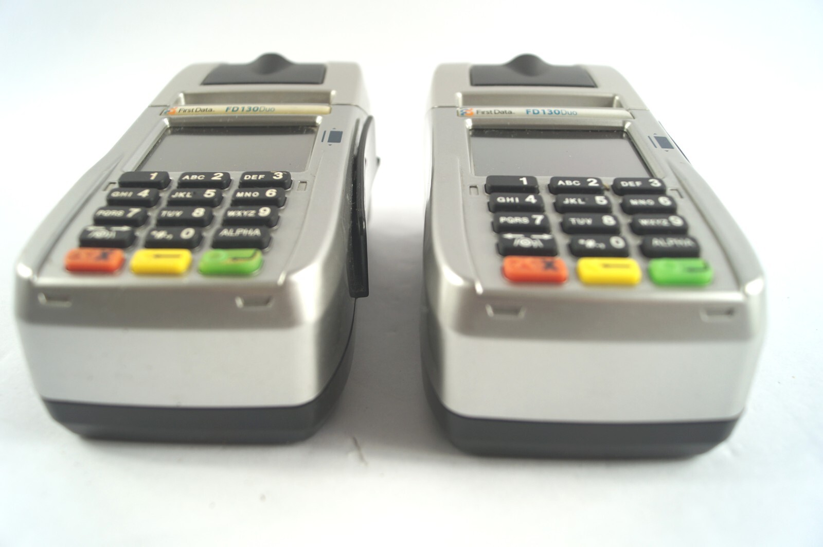 LOT (2) FirstData FD130Duo Credit Card Terminal with Label Paper WORKING B341
