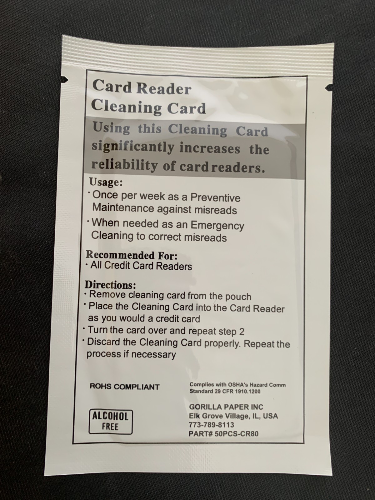 CR80 Card Reader Cleaning Cards 50 Pouches EMV POS Credit Card Gorilla Supply