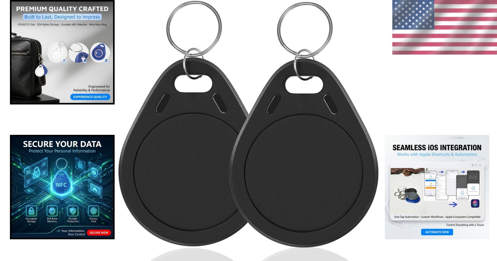 NFC 215 Keytags in Black – Rewritable Tags with Keychain for Smart Devices