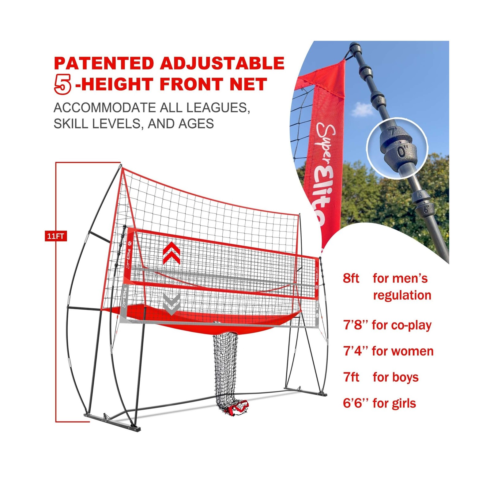 2-in-1 Volleyball Practice Net Station with Patented 5-Height (6’6” to 8′), …