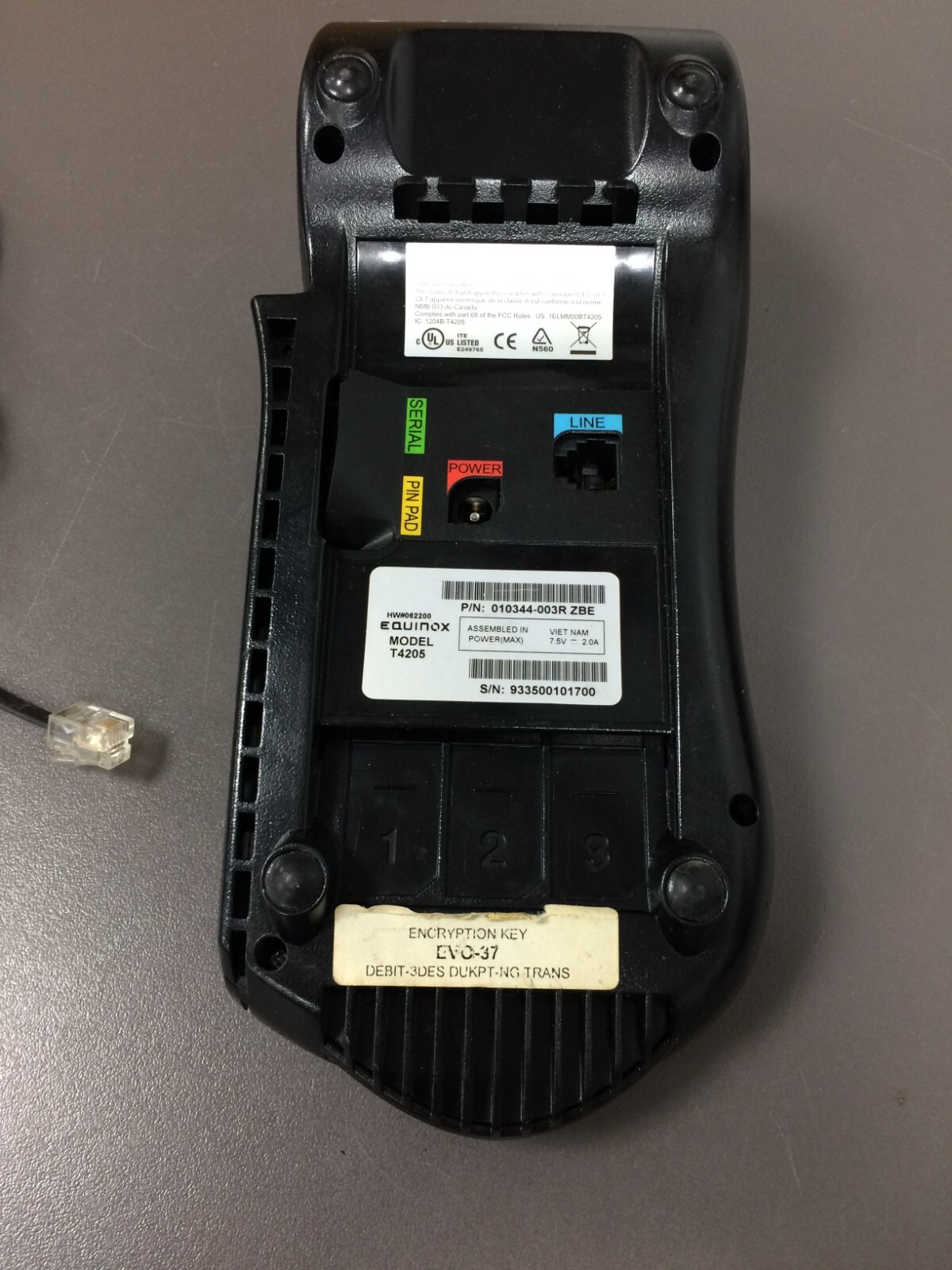 EQUINOX Model T4205, 010344-003R ZBE Credit Card Reader, w Phone Cable, NO POWER